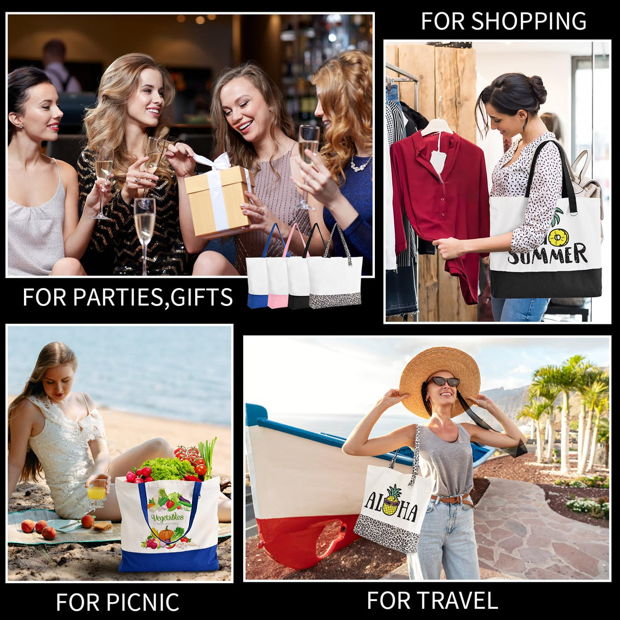 HWJH 6 Pack Canvas Tote Bags with Zipper, Blank Reusable Grocery Bags, Widened Washable Bag With Inner Pocket, Shopping Travel large tote bags for DIY Heat Transfer, Birthday Gifts for Women (Black) HWJH