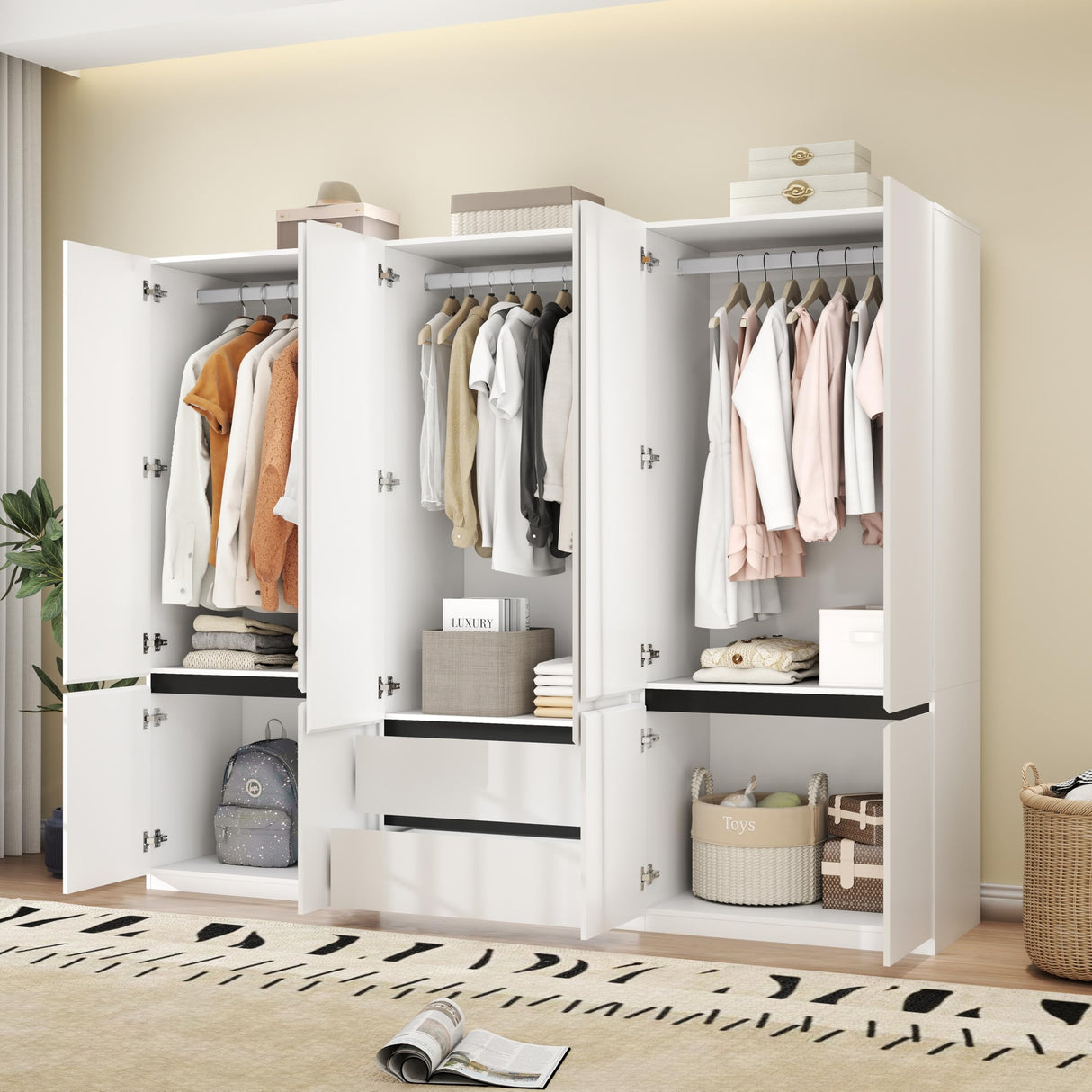 LABROSKIA Wardrobe Closet with 6 Doors: 75" White Armoire with 2 Drawers, Wooden Wardrobe for Hanging Clothes, Tall Storage Cabinet with Shelves and Hanging Rod LABROSKIA