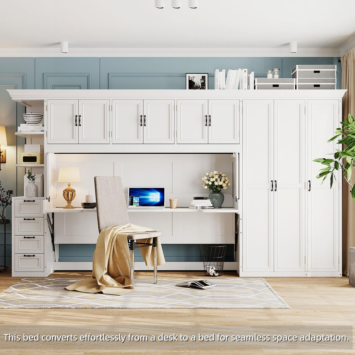 Merax Twin Size Murphy Bed with Desk, Multifunctional Wood Foldable Wall Bed with Wardrobe, Drawers and Cabinet, Space-Saving Hidden Bed for Guest Room Office, No Box Spring Needed, White Merax