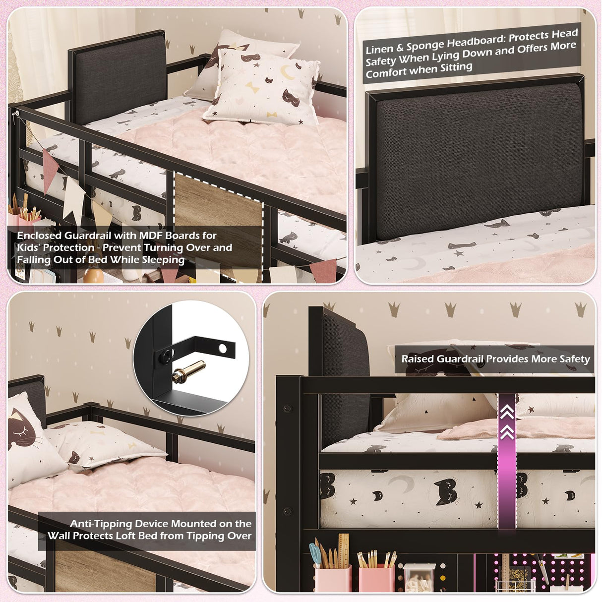 BYSAUD Loft Bed Twin Size with L Shaped Desk and Storage, Metal Bunk Loft Bed Frames with Desk Underneath and LED Lights and Charging Station 5 Drawer 2 Pegboards Clothes Rack, Noise Free, Gray BYSAUD