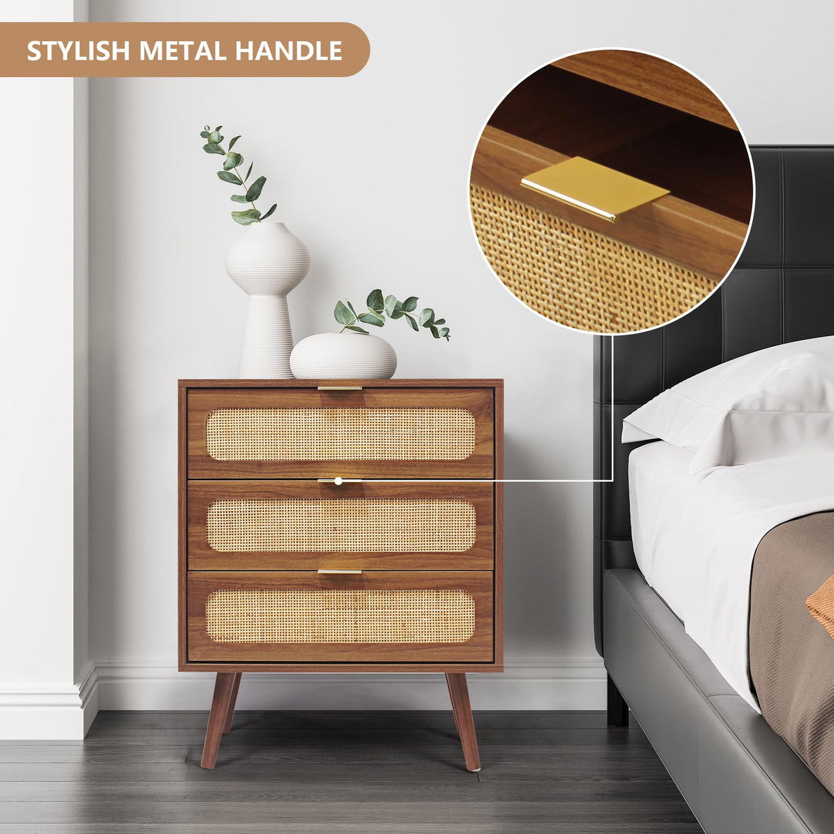 QHITTY Drawer Dresser Set of 2, Rattan Chest of Drawers with 3 Drawers Dresser, Accent Storage Cabinet Modern Bedside Table for Living Room, Bedroom, Entryway (Walnut) QHITTY