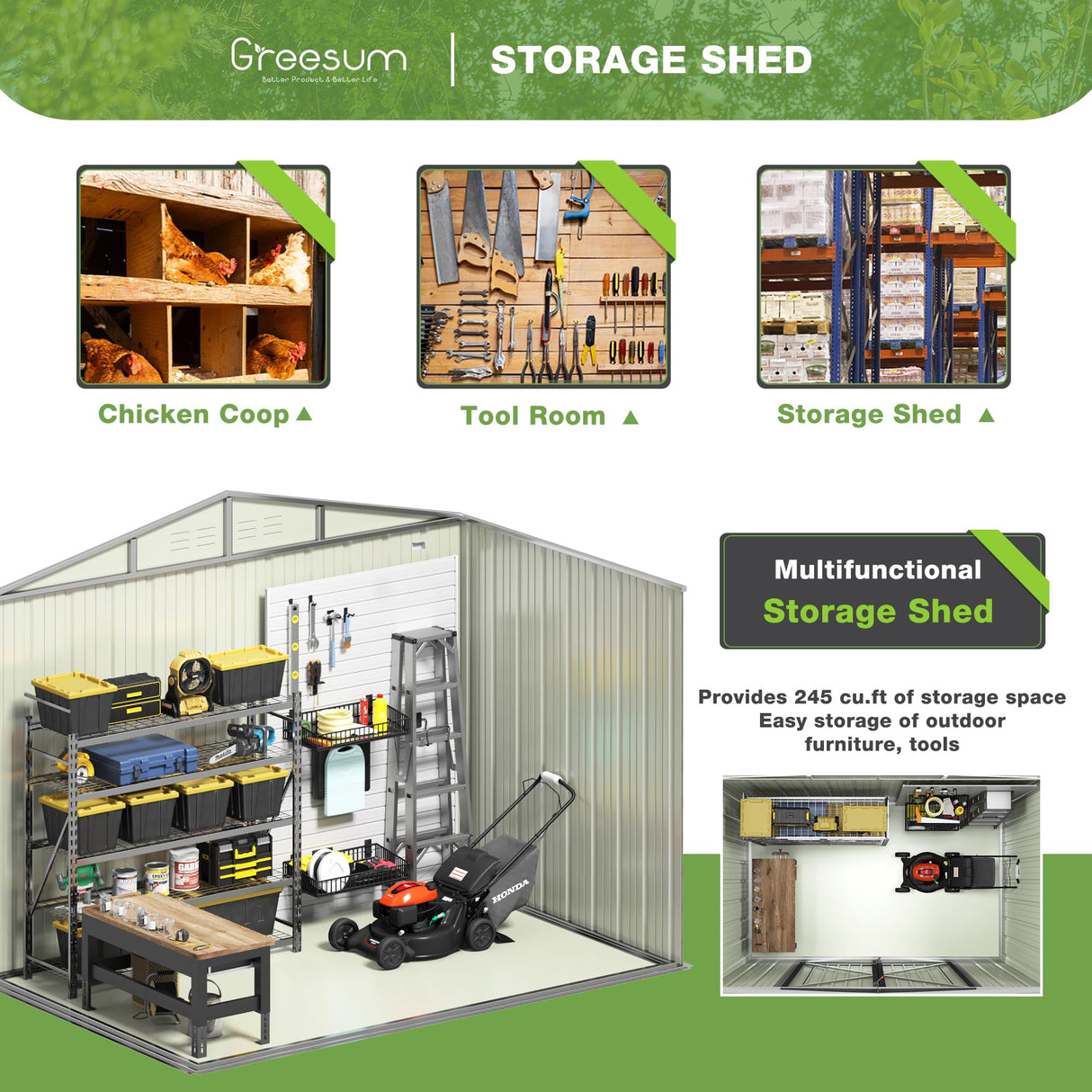 Greesum Outdoor Storage Shed 6 x 8 ft. Utility Tool Shed Metal Storage Garden Shed with Door & Lock for Patio Storage, Brown Greesum