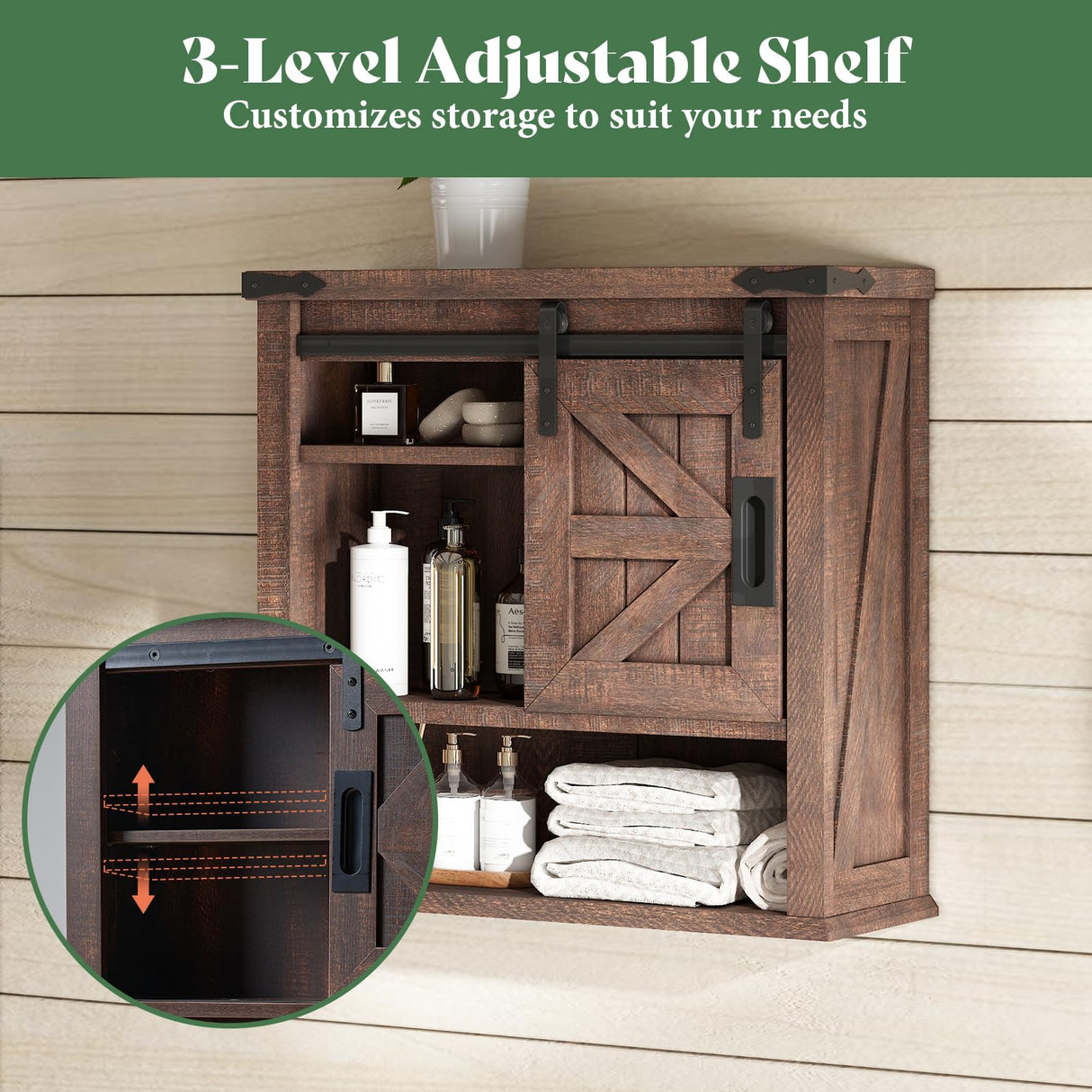 AMERLIFE 24" Wall Cabinet, Farmhouse Storage Cabinet with Sliding Barn Door & Adjustable Shelf, Cabinet Wall Mounted for Bathroom, Kitchen, Living Room, Reclaimed Barnwood AMERLIFE