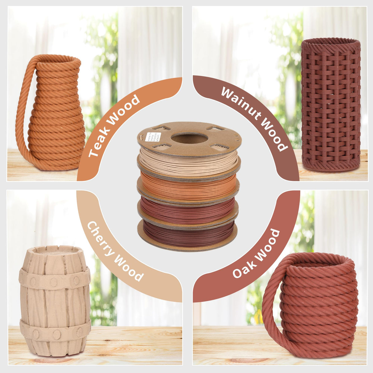 FOVFO Wood 3D Printer Filament Bundle, Wood PLA Filament 1.75mm Bundle, Wood Filament More Than 30% Real Wood Fiber, Walnut, Oak, Cherry, Teak, 250g X 4 Pack FOVFO