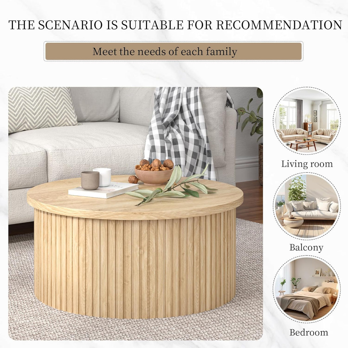 Fsbecl Round Fluted Lift Top Coffee Table with Storage, 34.6'' Farmhouse Round Coffee Tables for Living Room, Circle Wood Accent Center Table for Home, Office, Cafe (Wood Color) Fsbecl