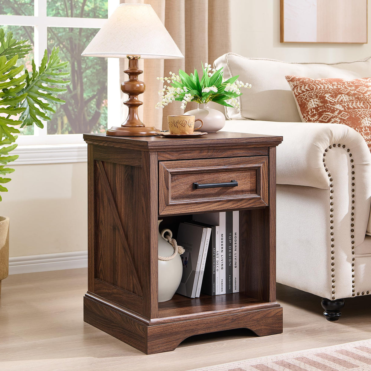ACCOHOHO 18" Farmhouse Nightstand with Charging Station, Bedside Table with Drawer and Large Open Shelf, Rustic End Table for Bedroom - Brown ACCOHOHO