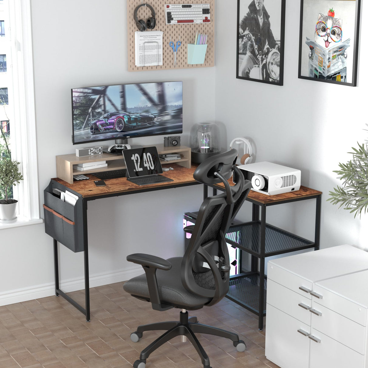 VECELO L Shaped Desk 47 Inch Computer Gaming Study Writing Table, Home Office Workstation with Storage Shelves & Bag, Brown VECELO