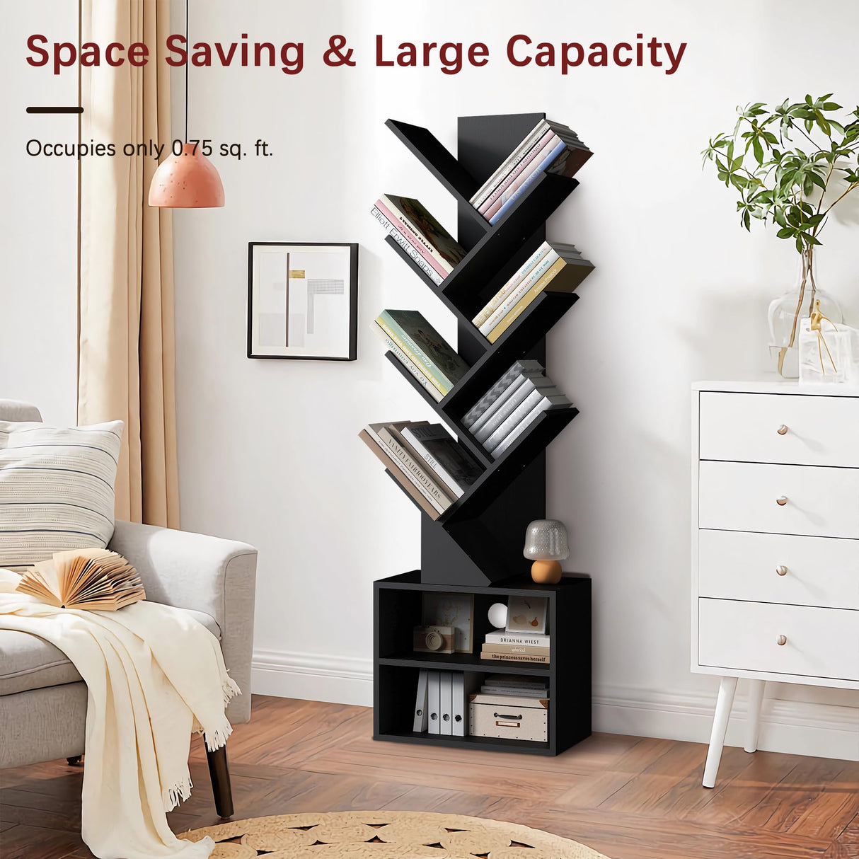 Azaeahom 6 Tier Tree Bookshelf, Wood Bookcase with Storage Cabinet, Modern Tall Narrow Bookshelves Organizer, Floor Standing Book Shelf for Bedroom/Living Room/Home Office/Corner (Black, 6 Tier) Azaeahom