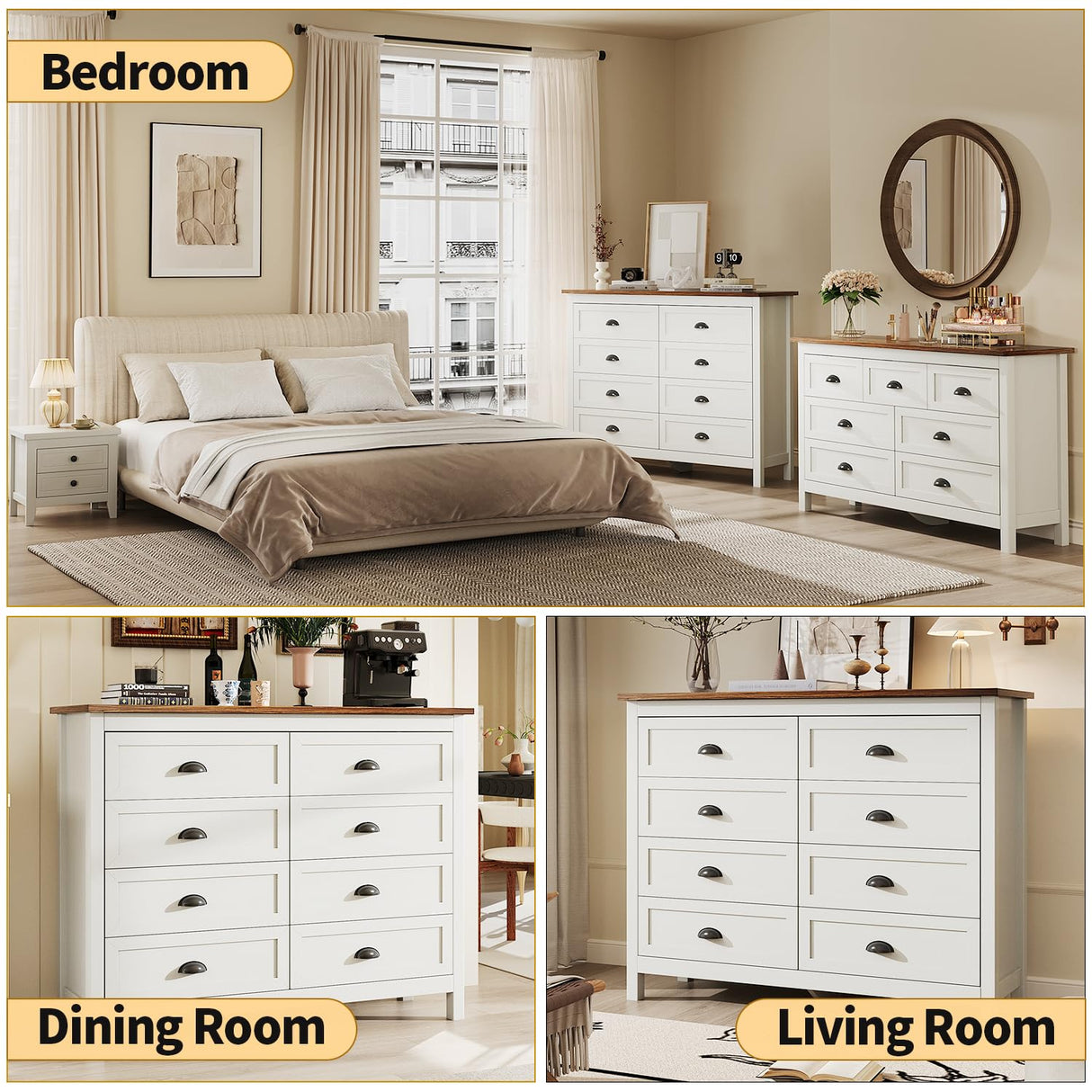 SINROM White Dresser for Bedroom, Farmhouse 8 Drawer Dresser, Wide Chest of Drawers with Metal Handles, Modern Wood Double Chest for Bedroom, Living Room, Hallway SINROM