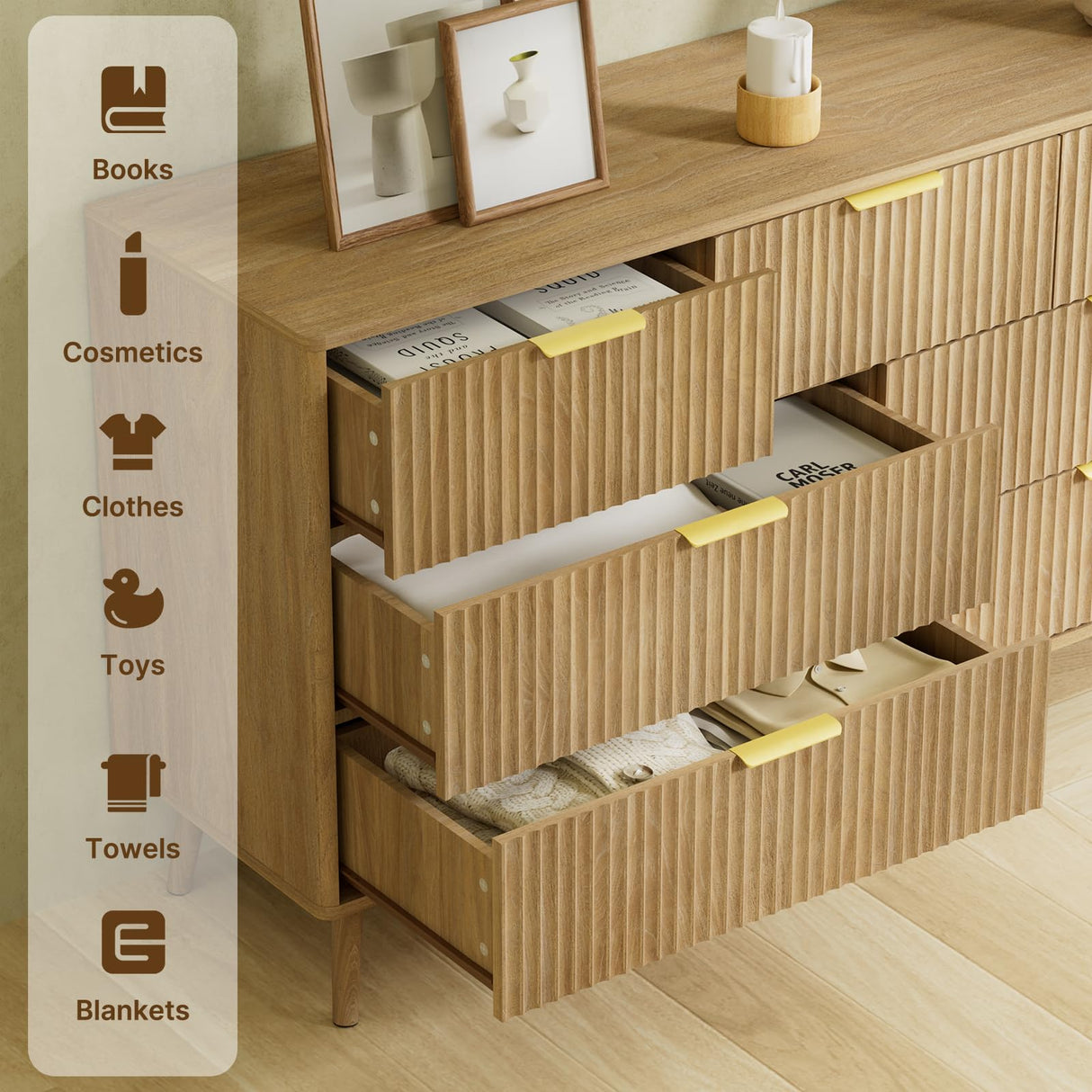 LYNSOM 55" W Fluted Dresser for Bedroom with 7 Drawer, Modern Chest of Drawers with Metal Handle and Curved Profile Design, Wood Dresser TV Stand & Storage Organizer for Living Room, Natural Oak LYNSOM