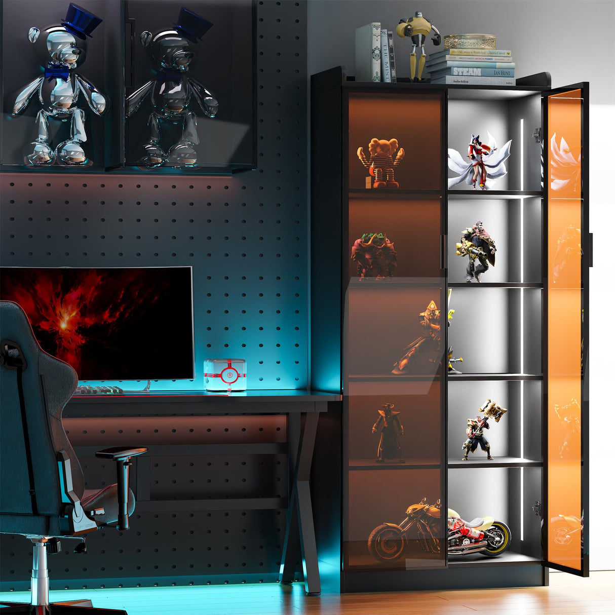 Lvifur Tall Storage Cabinet up to 70", LED Kitchen Pantry Cabinet with Human Body Induction, 5 Tier Bookcase Display Cabinet with Adjustable Shelves for Living Room Office (Black) Lvifur