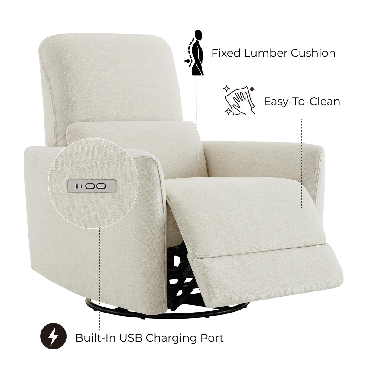 CHITA Power Recliner Chair Swivel Glider, FSC Certified Upholstered Living Room Nursery Reclining Sofa Chair with Lumbar Support, Linen CHITA