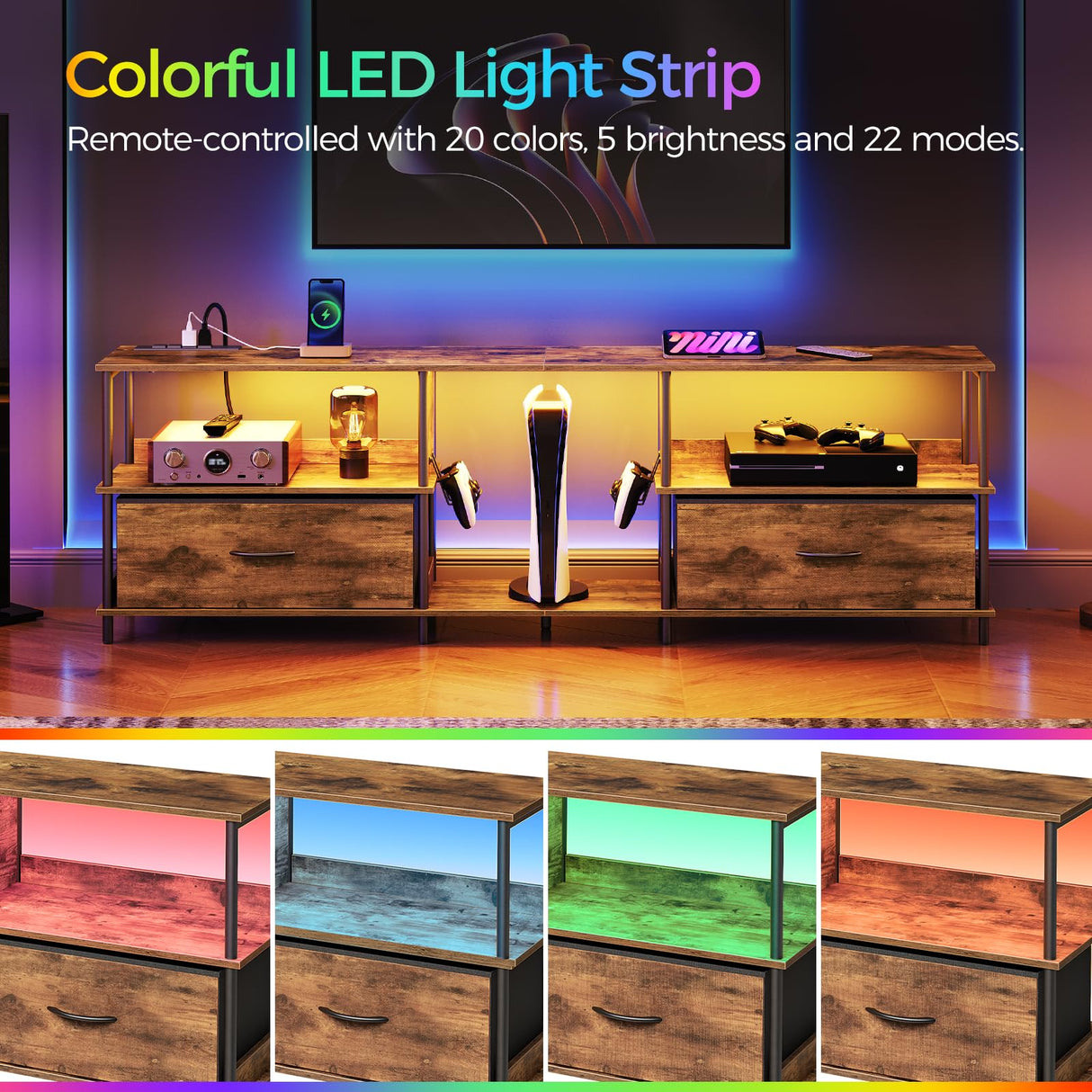 MAHANCRIS LED TV Stand with Charging Station and 2 Fabric Drawers, Entertainment Center for TVs up to 80", TV Console Table with Open Storage Shelf, for Living Room, Rustic Brown TVHR136E01 MAHANCRIS