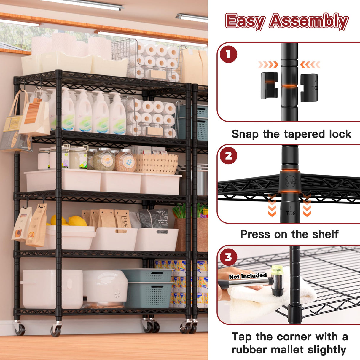 PrimeZone 74''H Wire Shelving 1250lbs 5 Tier Storage Shelves with Wheels NSF Certified Heavy Duty Steel Metal Shelf Adjustable Rolling Rack Kitchen Garage Closet Pantry Laundry 74''HX36''WX14''D 4PCS PrimeZone
