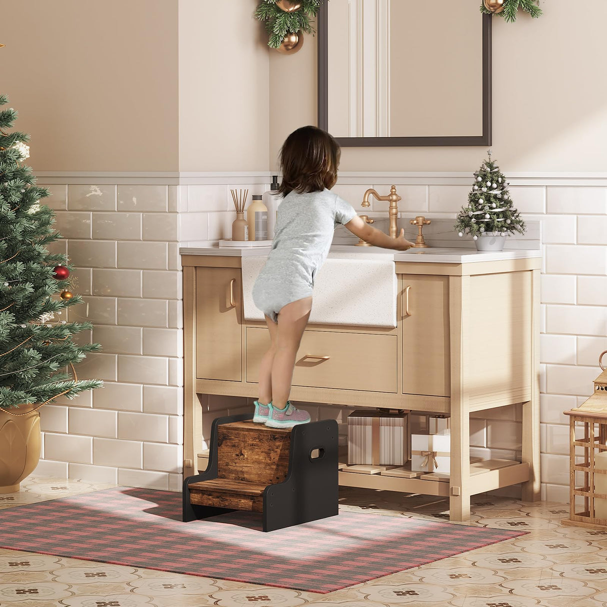 HOOBRO Step Stool for Kids, Two Step Toddler's Stool, Kids Potty Training Stool with Handles, Non-Slip Pads for Safety, Easy to Move, for Sink, Bathroom, Bedroom, Rustic Brown BF01JD01G1 HOOBRO