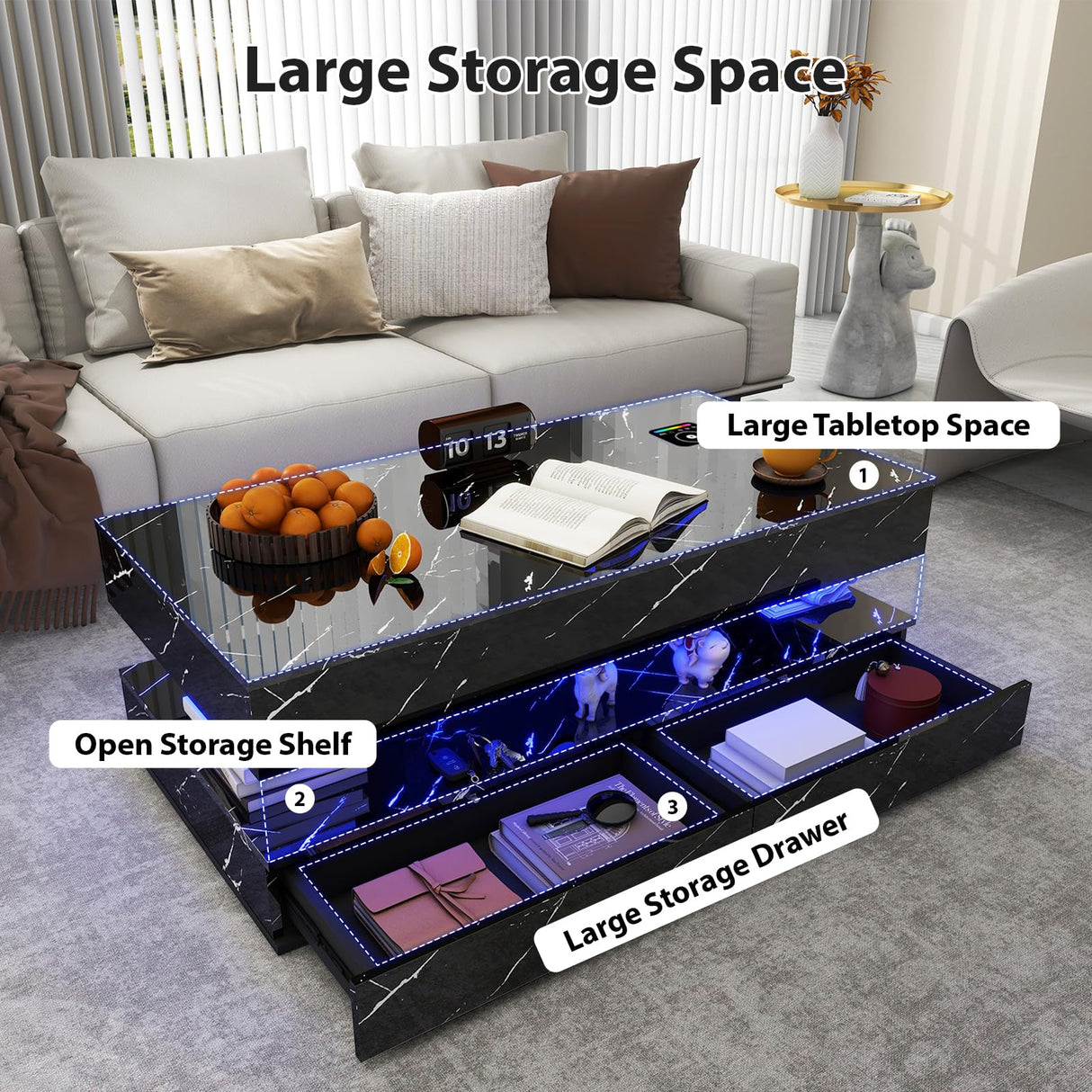 47inch High Glossy LED Coffee Table with Wireless Charging and Speaker, Modern Coffee Table With 2 Sliding Drawers, Double-Layer Center Tables with LED Light, Marble CoffeeTable for Living Room, Black PPorfamilia