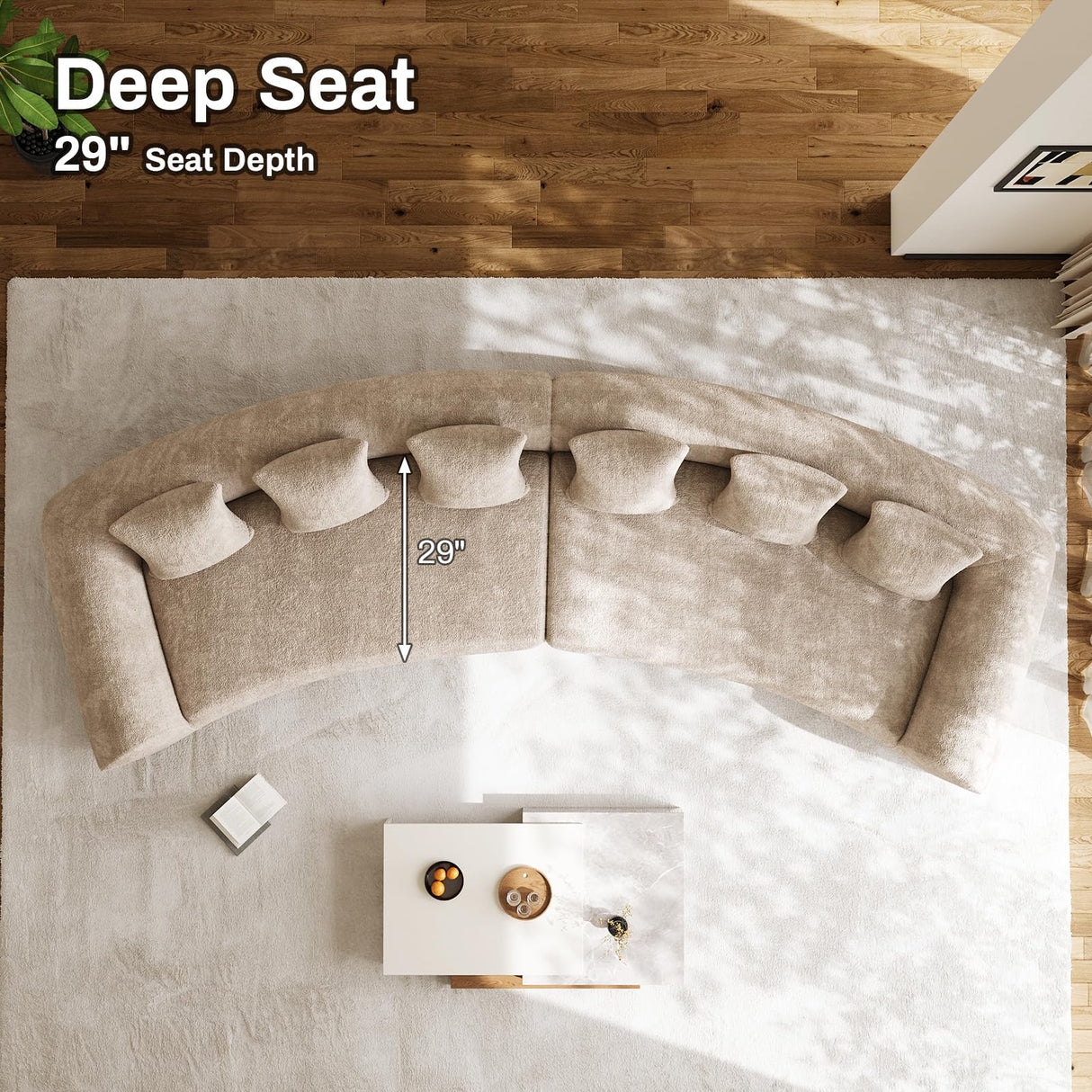 157" Oversized Curved Cloud Couch Sectional Sofa, Luxury Chenille Sofa with Extra Deep & Wide Seat, Modern Curved Couch for Living Room with 6 Throw Pillows, No Assembly Needed Brown OUYESSIR