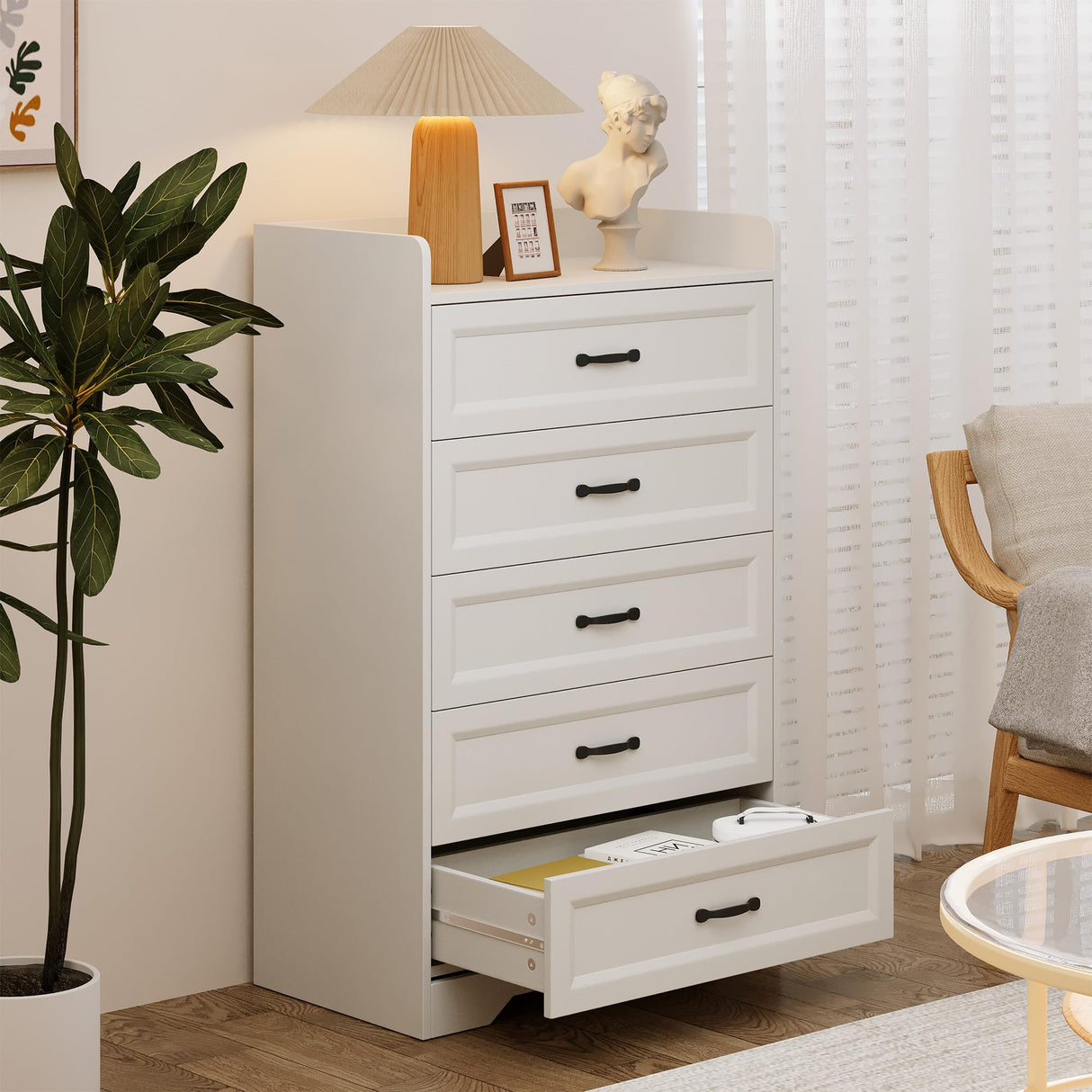 Gizoon 5 Drawers Dresser, 44.3" H Dresser for Bedroom, Chest of Drawers with Large Storage Capacity, Modern 5 Drawer Chest with Smooth Rail, Handles, Anti-tilt Device, for Hallway, Living Room, White Gizoon