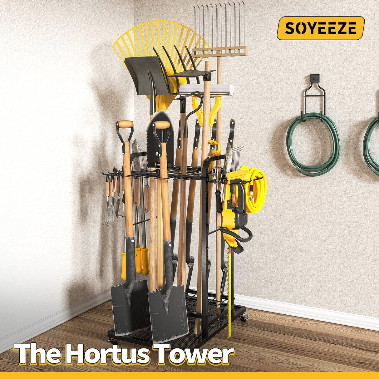 SOYEEZE Garden Tool Organizer with Lockable Wheels, Heavy Duty 3-Tier Yard Tower Tool Rack for Garage, Holds Up to 35 Long-Handled Tools, Garden Tool Cart with 12 Hooks for Tool Organization Storage SOYEEZE