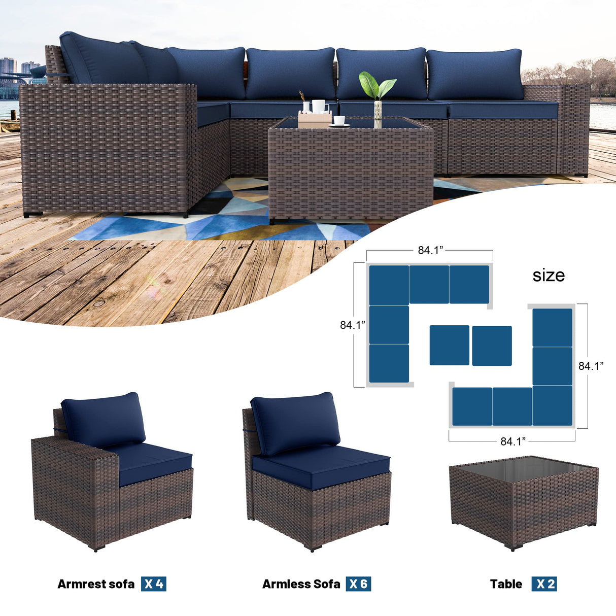 Kullavik Outdoor Patio Furniture Set 12 Pieces Sectional Rattan Sofa Set Brown PE Rattan Wicker Patio Conversation Set with 10 Navy Blue Seat Cushions and 2 Tempered Glass Table Kullavik