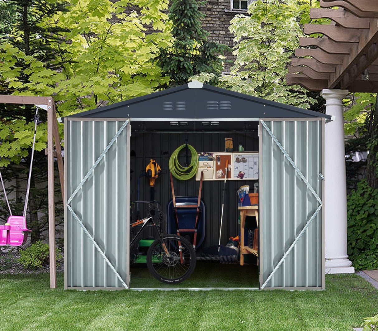 AECOJOY 8' x 6' Metal Storage Shed for Outdoor, Steel Backyard 6x8 Sheds & Outdoor Storage with Lockable Doors, Utility and Tool Storage for Garden, Backyard, Patio, Outside use AECOJOY