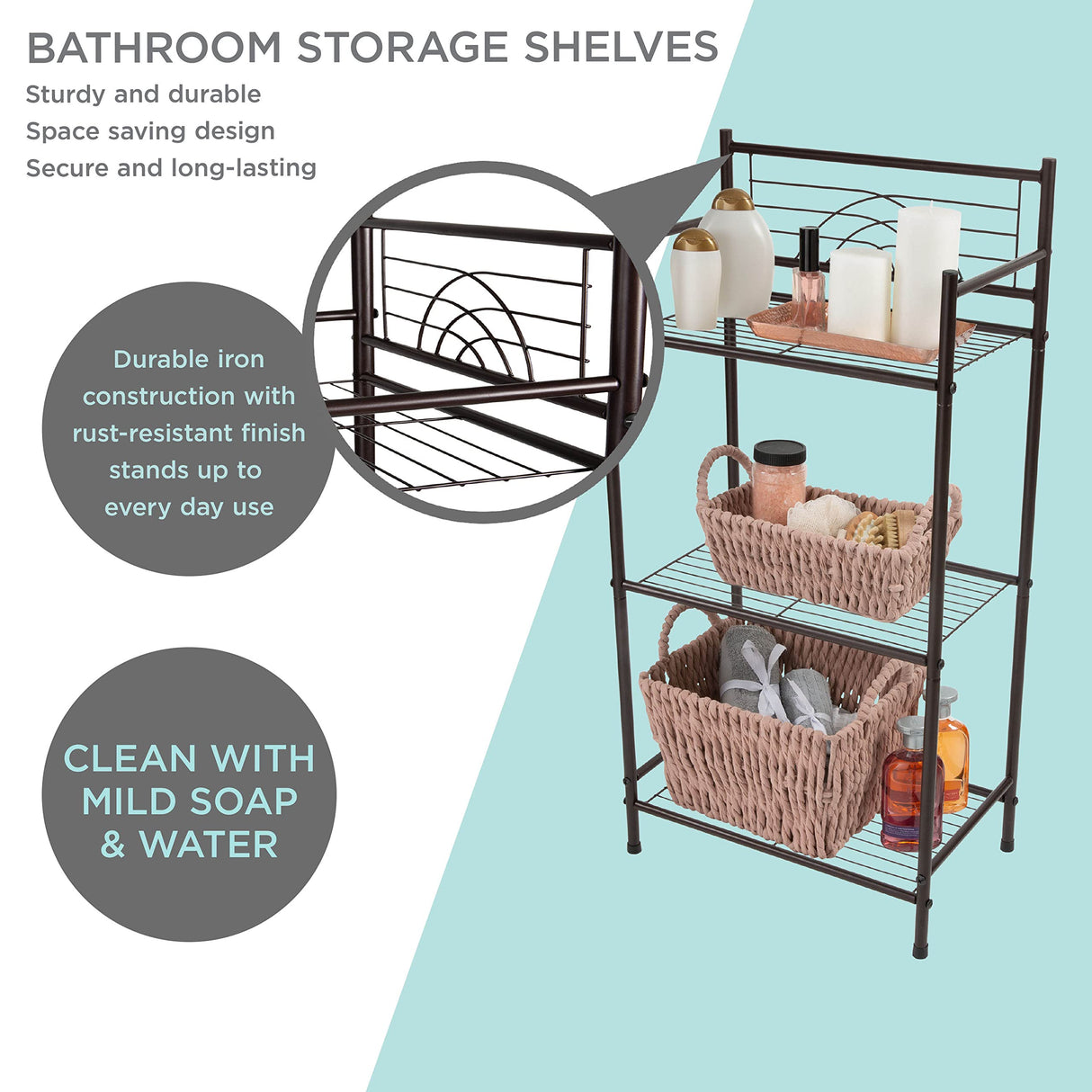Bath Bliss 3 Tier Storage Shelf | Freestanding | Dimensions: 17.3"x 10.6"x 35.8 | Free Standing | Rust Resistant | Bathroom Storage | Easy to Assemble Bath Bliss