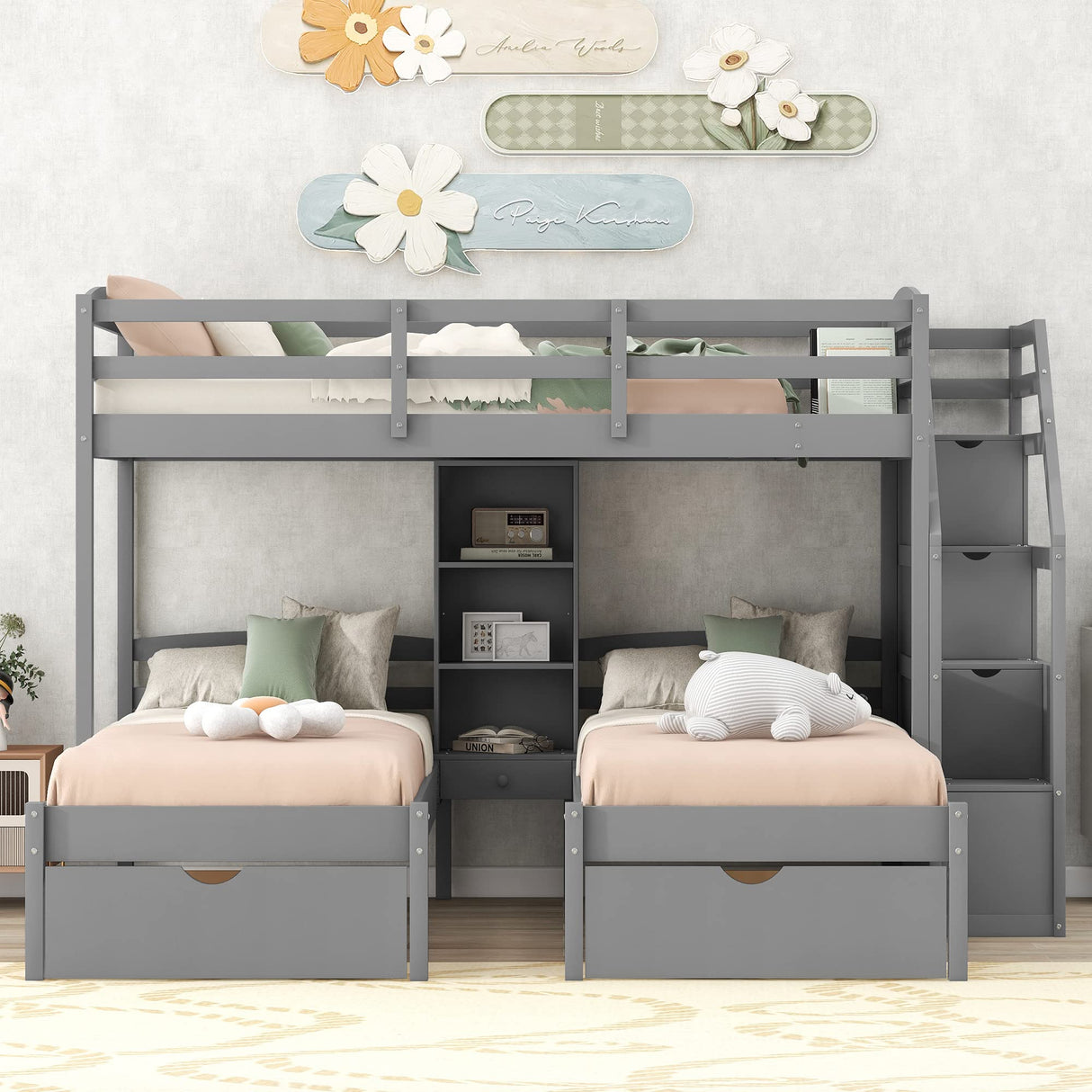 Triple Bunk Beds with Stairs and Storage Drawers, Twin Over Twin&Twin Bunk Bed for 3 Kids, Wooden 3 Bunk Beds Frame with Built-in Shelves for Kids,Teens, Adults, No Box Spring Needed (Gray) Harper & Bright Designs
