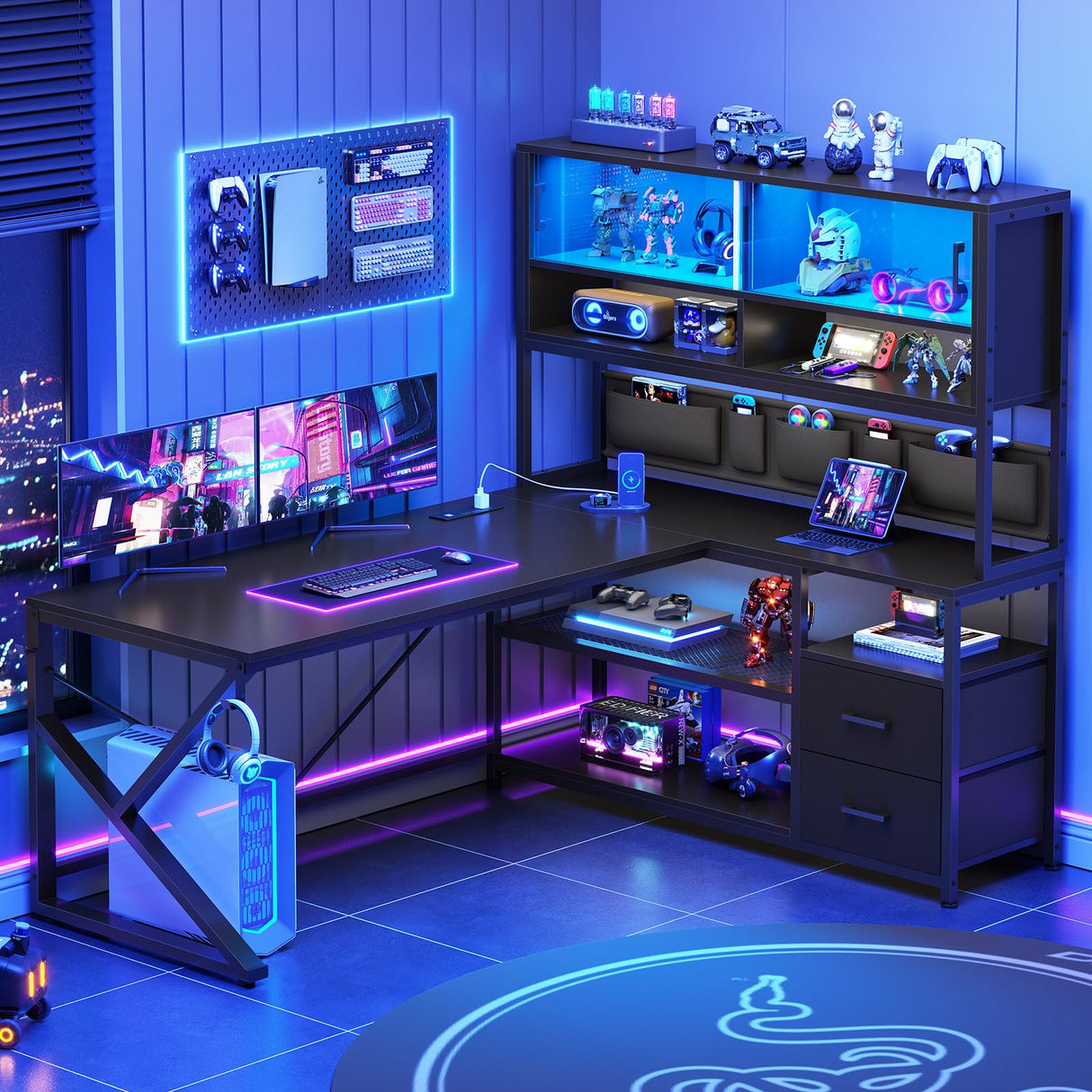 SEDETA L Shaped Gaming Desk, Home Office Computer Desk with 2 Drawer and Bookshelf, L Shaped Gaming Desk with LED Light, Glass Cabinet and Storage Bag, Corner Desk with Storage Shelves, Black SEDETA
