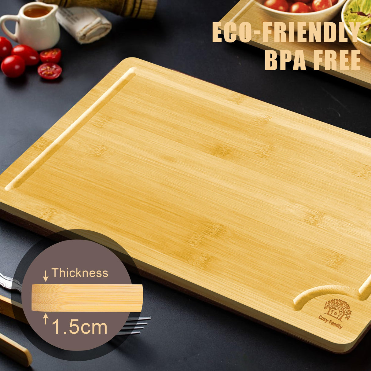Cosy Family Wood Cutting Boards for Kitchen - XL - Bamboo Cutting Boards with Juice Groove, Serving Board Set, Thick Chopping Board for Meat, Veggies, Easy to clean Cosy Family