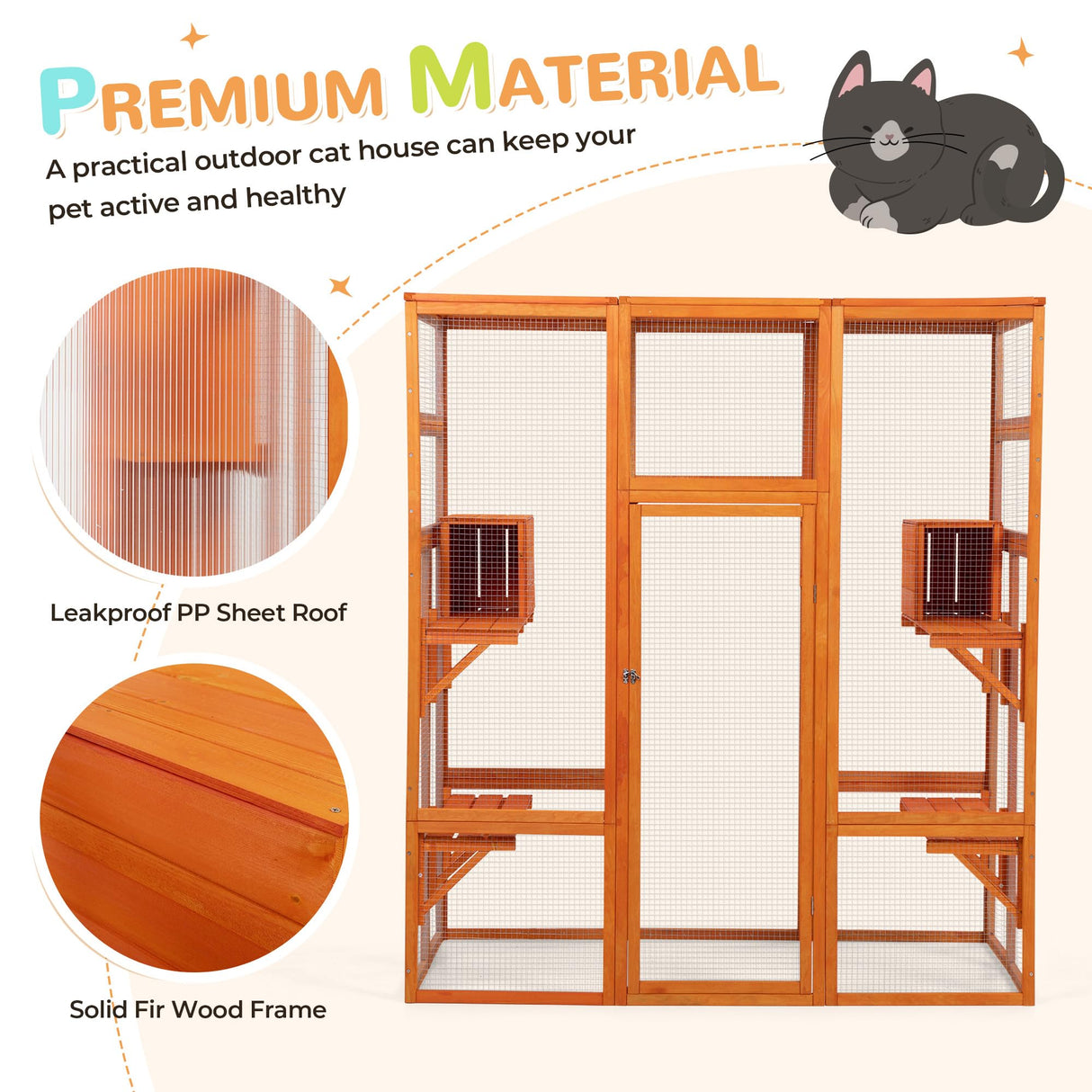 COZIWOW Large Wooden Cat Cage with Perche and Condo, Play Run Enclosure Indoor Kitty Window Kennel with Waterproof Roof, 7 Platforms & 2 Resting Box, 62.4" L x 32.4" W x 70" H, Deep Orange COZIWOW