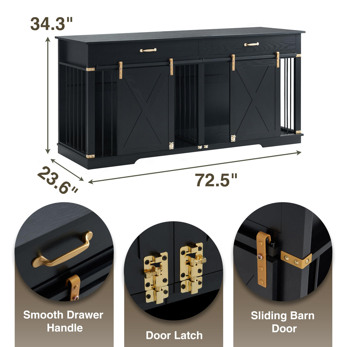 72.5" Extra Large Furniture Style Double Dog Crates for Large Breeds, XXL Wooden Dog Kennel Furniture with Drawers, Divider, Water Resistant & Barn Door for 2 Dogs, Black EDYO LIVING