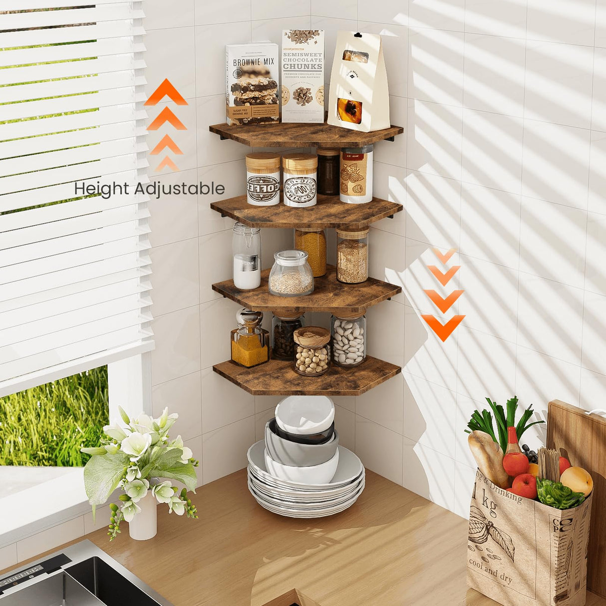 Homode Corner Shelf Wall Mount, Set of 4 Floating Corner Shelves with Cord Hole for Cable Box, Wood Corner Hanging Shelves for Bathroom Bedroom Kitchen, Rustic Brown Homode