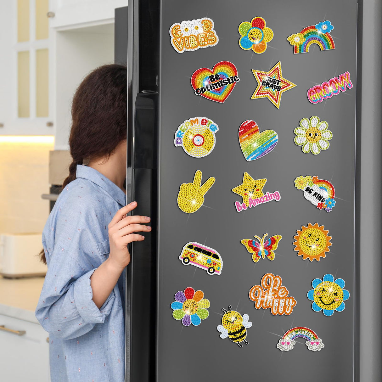 Saillong 20 Pcs Rainbow Diamond Art Magnets Rainbow Diamond Art Painting Magnets Kits Refrigerator Magnetic Stickers for Fridge Home Adults DIY Crafts Saillong
