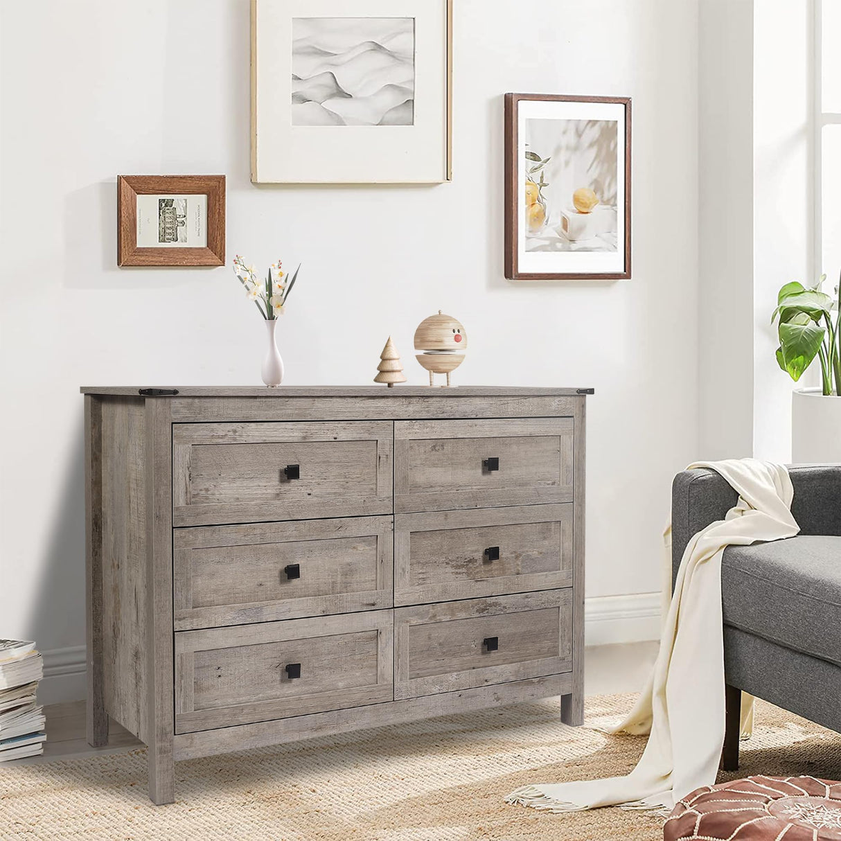 CATMIX Farmhouse 6 Drawers Dresser, Wood Double Dresser Chest of Drawers Wide Storage Organizer Cabinet for Bedroom, Living Room, Rustic Grey CATMIX