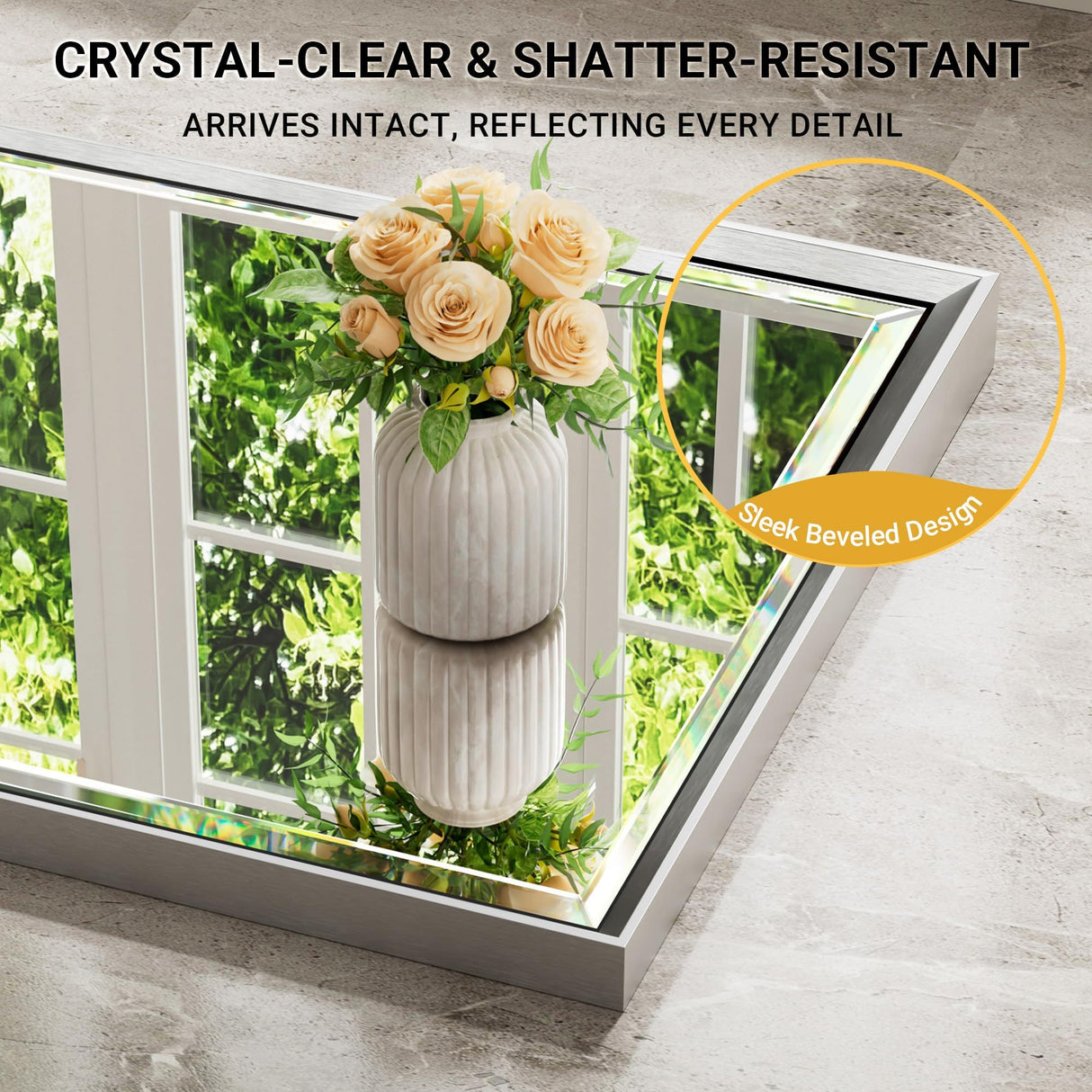 QueenFun 48 x 30 Silver Bathroom Mirror, Large Beveled Silver Bathroom Vanity Mirror, Shatterproof Silver Rectangle Mirror, Silver Metal Framed Mirror for Bathroom Wall, Anti-Rust(Vertical/Horizontal) QueenFun