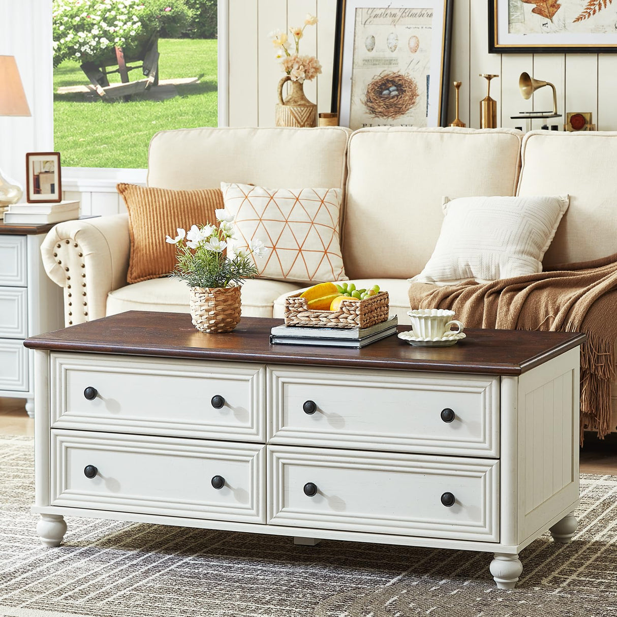 RWYHG 48" Farmhouse Coffee Table with Hidden Storage,Wooden Coffee Tables with 4 Drawers & Roman Column Handle,Rectangular Rustic Center Table with Solid Wood Curved Base for Living Room,Office,White RWYHG