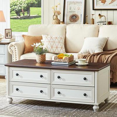 RWYHG 48" Farmhouse Coffee Table with Hidden Storage,Wooden Coffee Tables with 4 Drawers & Roman Column Handle,Rectangular Rustic Center Table with Solid Wood Curved Base for Living Room,Office,White