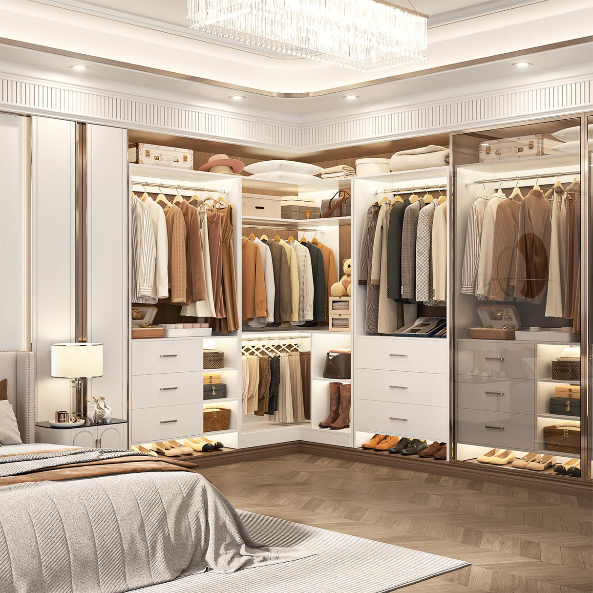 Aheaplus Closet System with 3 Sets, 86.8" Closet Organizer System with 6 Drawers & 4 Hanging Rods, L Shaped Walk-in Closets, Wardrobe Set, Corner Tower, Garment Rack Load 2000+LBS, -X1,White Aheaplus