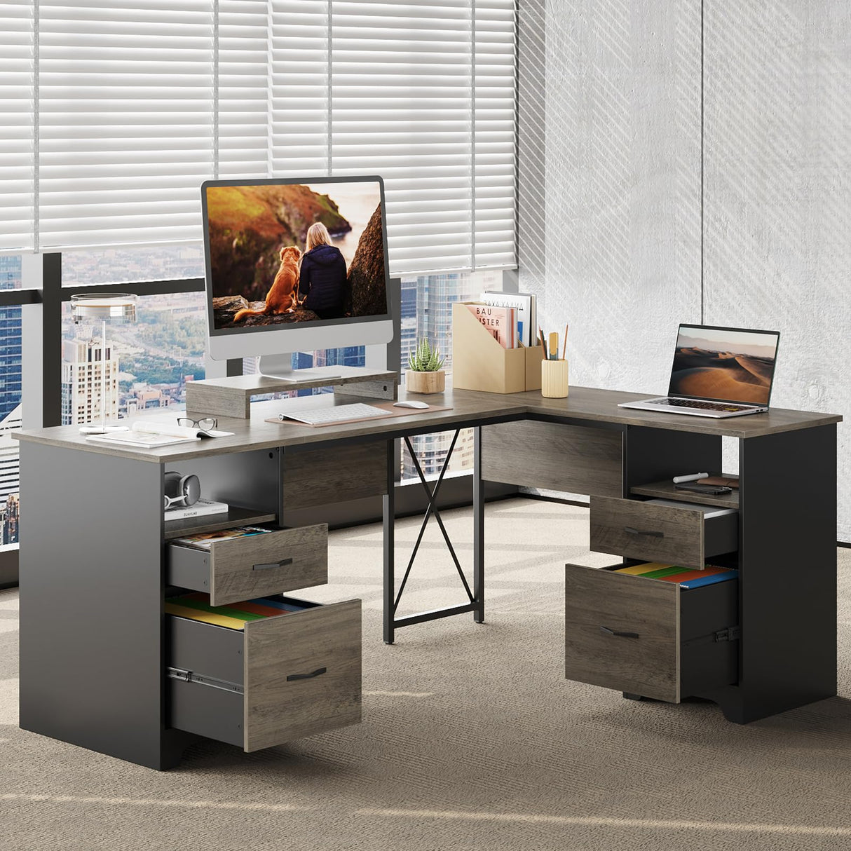 Bestier L Shaped Desk with 4 Drawers, 63" x 47" Executive Desk with Open Storage & Monitor Stand, Corner Desk with 2 File Drawers & Modesty Panel for Home Office, Gray Bestier