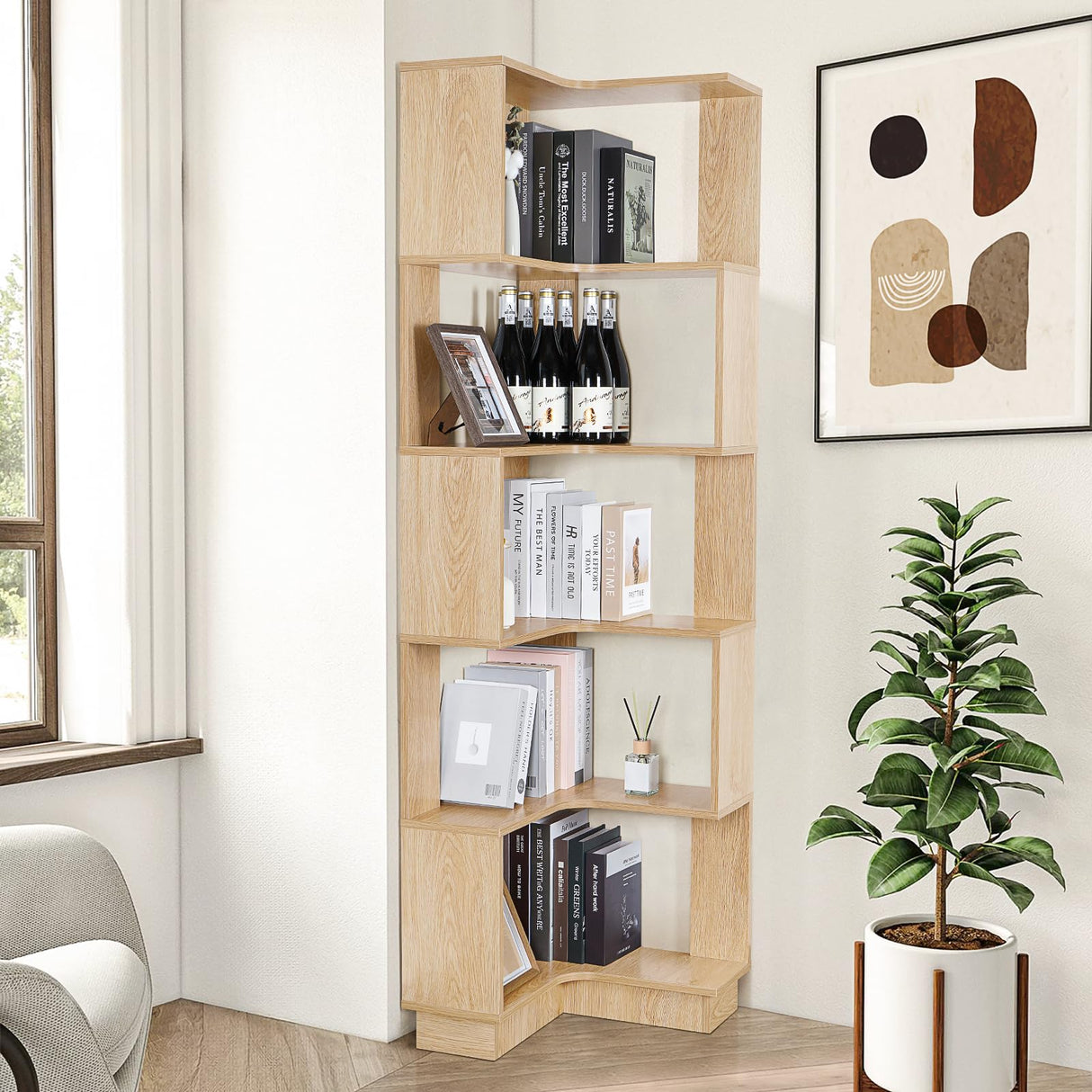 GOOFCXO Corner Bookshelf, 5 Tiers Wooden Corner Bookcase 68.9" Tall Large Open Bookshelf L-Shaped Storage Display Rack with Fixture for Living Room Bedroom Study Office GOOFCXO