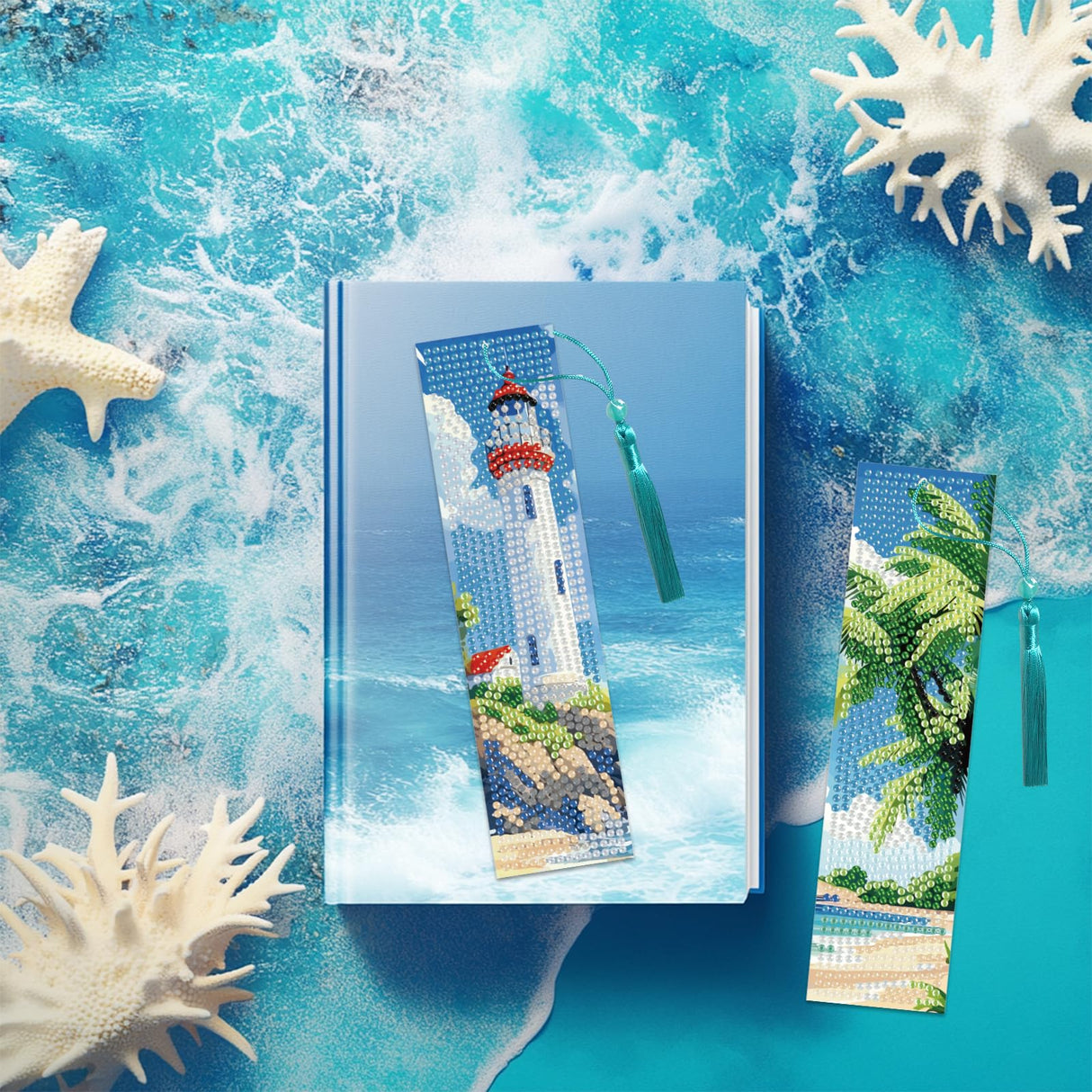 beinkmake 6Pcs Summer Ocean 5D Diamond Art Bookmarks Sea Diamond DIY Painting Bookmarks Lighthouse Sailboat Beach Starfish Rhinestones Beaded Acrylic Tassel Bookmark for Adult Beginner Crafts beinkmake