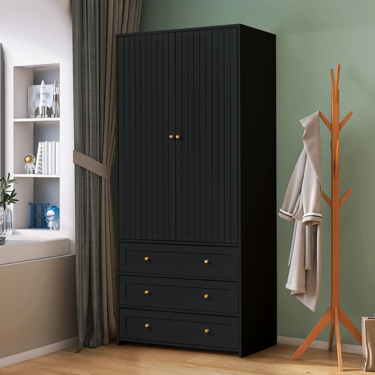PHOYAL Wardrobe Closet Armoire, 71 "Wardrobe Armoire Wooden Closet with 4 Doors, 6 Drawers Household Freestanding Wooden Closet Storage Cabinet for Bedroom, Black X 2 PHOYAL