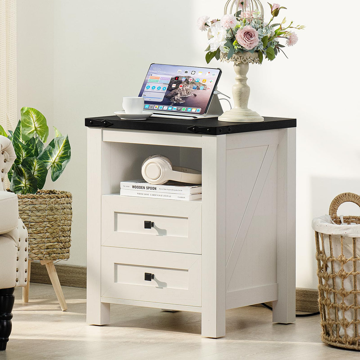 Joaxswe Nightstand with Charging Station and USB Port, Farmhouse Night Stand with 2 Drawers and Shelf Storage, Wooden Side End Table, Bedside Cabinet for Bedroom, Living Room, Closet, Office (White) Joaxswe