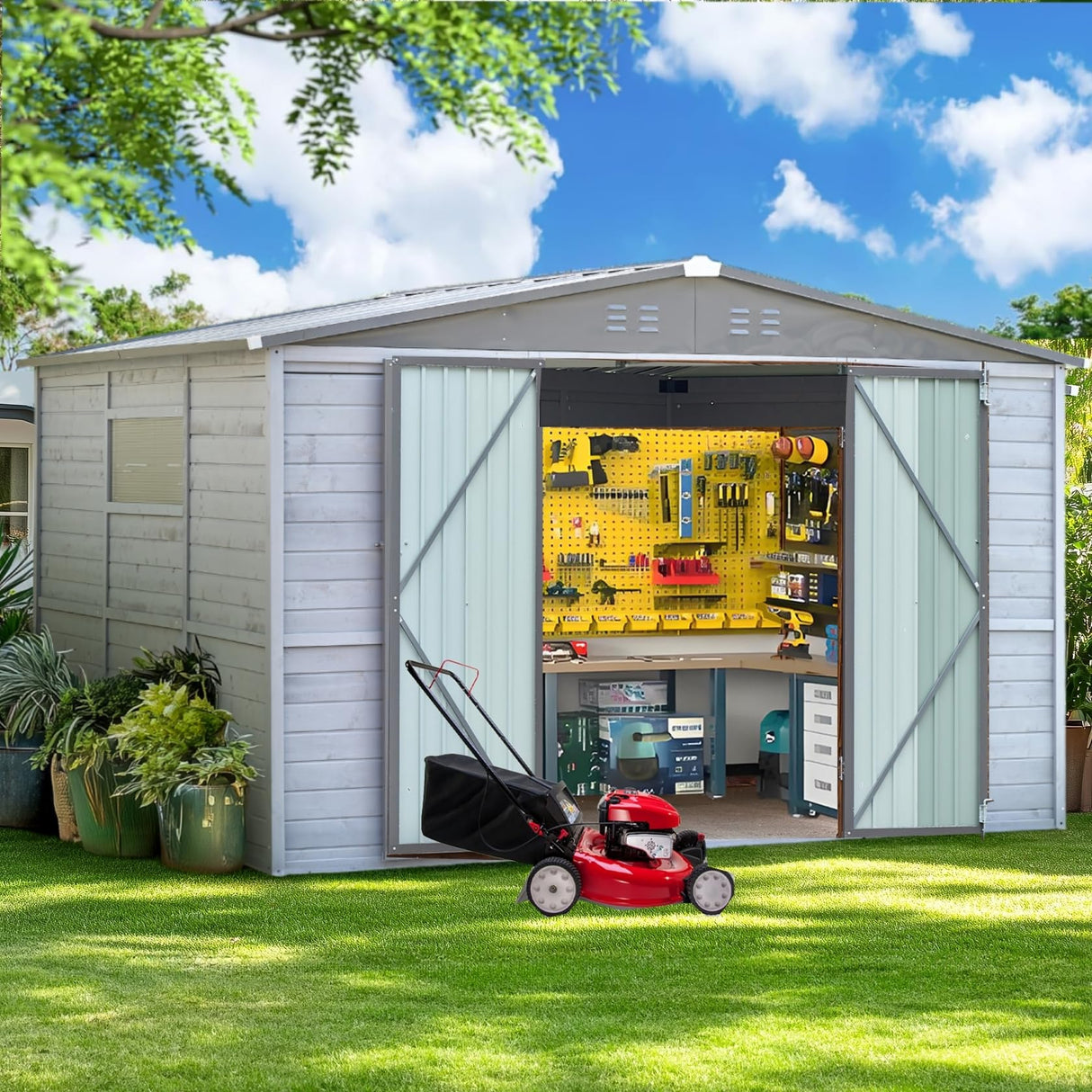 Shed 8' x 8' Storage Shed, 8 x 8 FT Wood Sheds & Outdoor Storage Clearance, Utility and Tool Garden Shed, Waterproof Storage Shed Large with Lockable Doors for Backyard, Patio, Outside Use (Gray) AEMSOFK