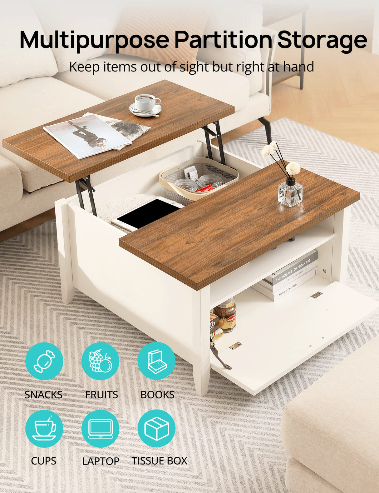 Evajoy Lift Top Coffee Table, Ergonomic Rising Table with Hidden Compartment, Dining Table with Storage Shelf, Retro Coffee Table, Farmhouse Storage with Lift Tabletop for Living Room, Office,White Evajoy