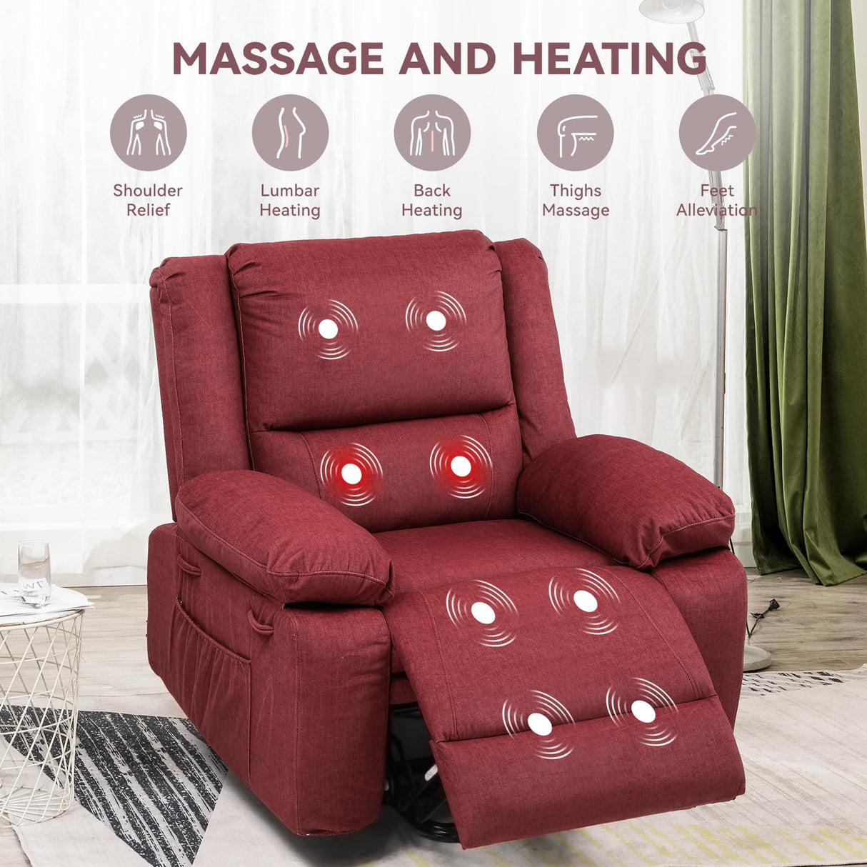 COMHOMA Power Up Lift Chairs Recliners for Elderly, Electric Recliner Chair with Massage and Heat,2 Side Pockets, Fabric (Red) COMHOMA