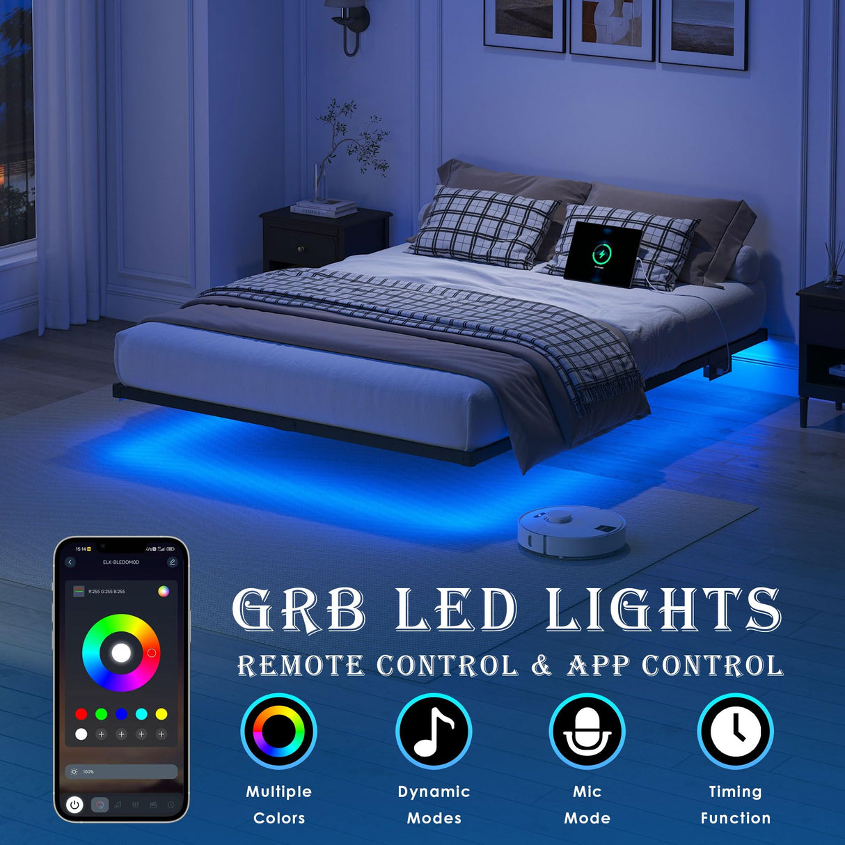 YORMDMO Floating Bed Frame Queen Size, Heavy Duty Bedframe with Smart LED Lights & Charging Station, Modern Metal Platform Bed, Easy Assembly No Box Spring Needed, 10 Inch YORMDMO