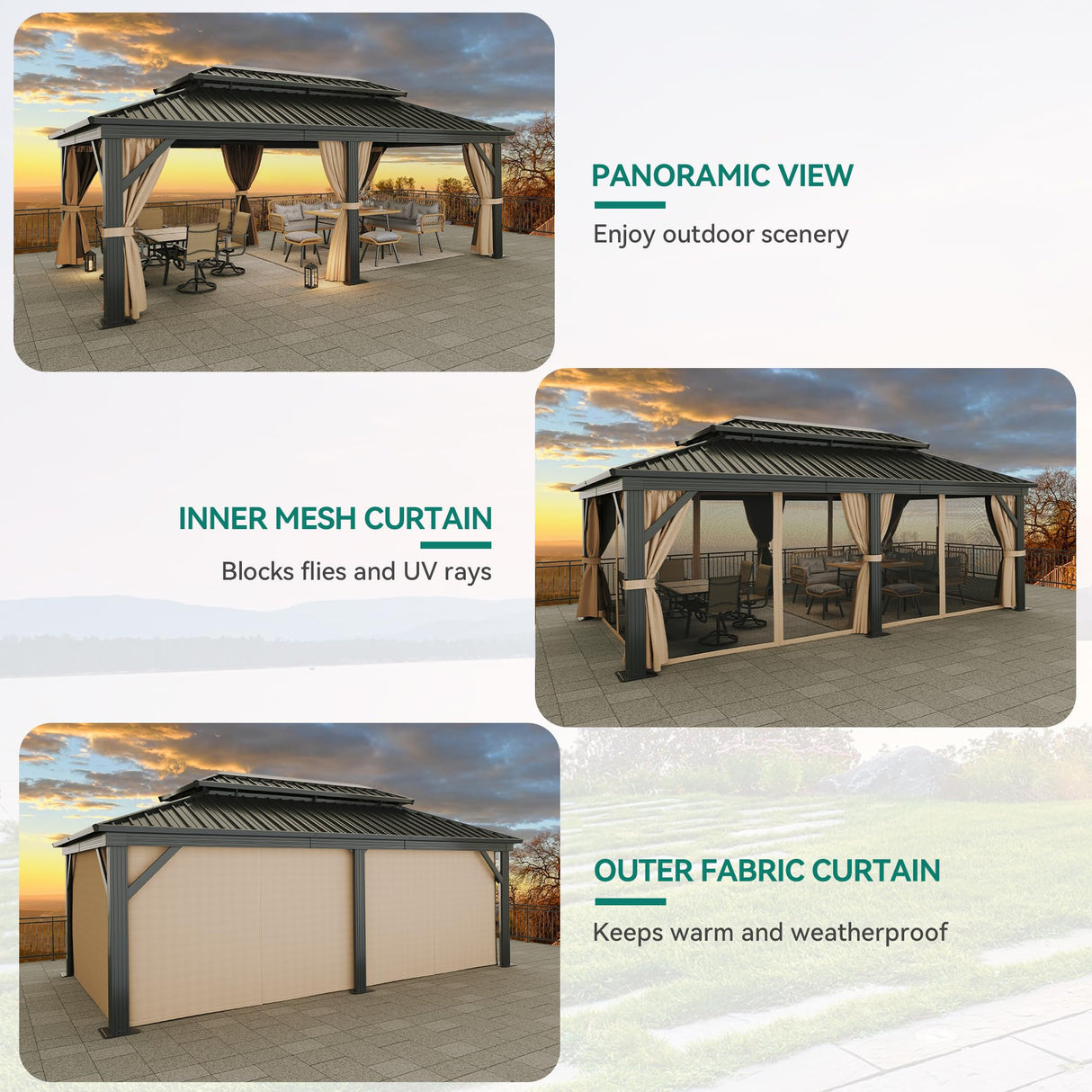 YITAHOME 12x20ft Gazebo Double Roof Hardtop Canopy Outdoor Heavy Duty w/Nettings and Curtains, Upgraded Aluminum Column Galvanized Steel Vertical Stripes Roof for Patio, Backyard, Deck, Lawns, Brown YITAHOME