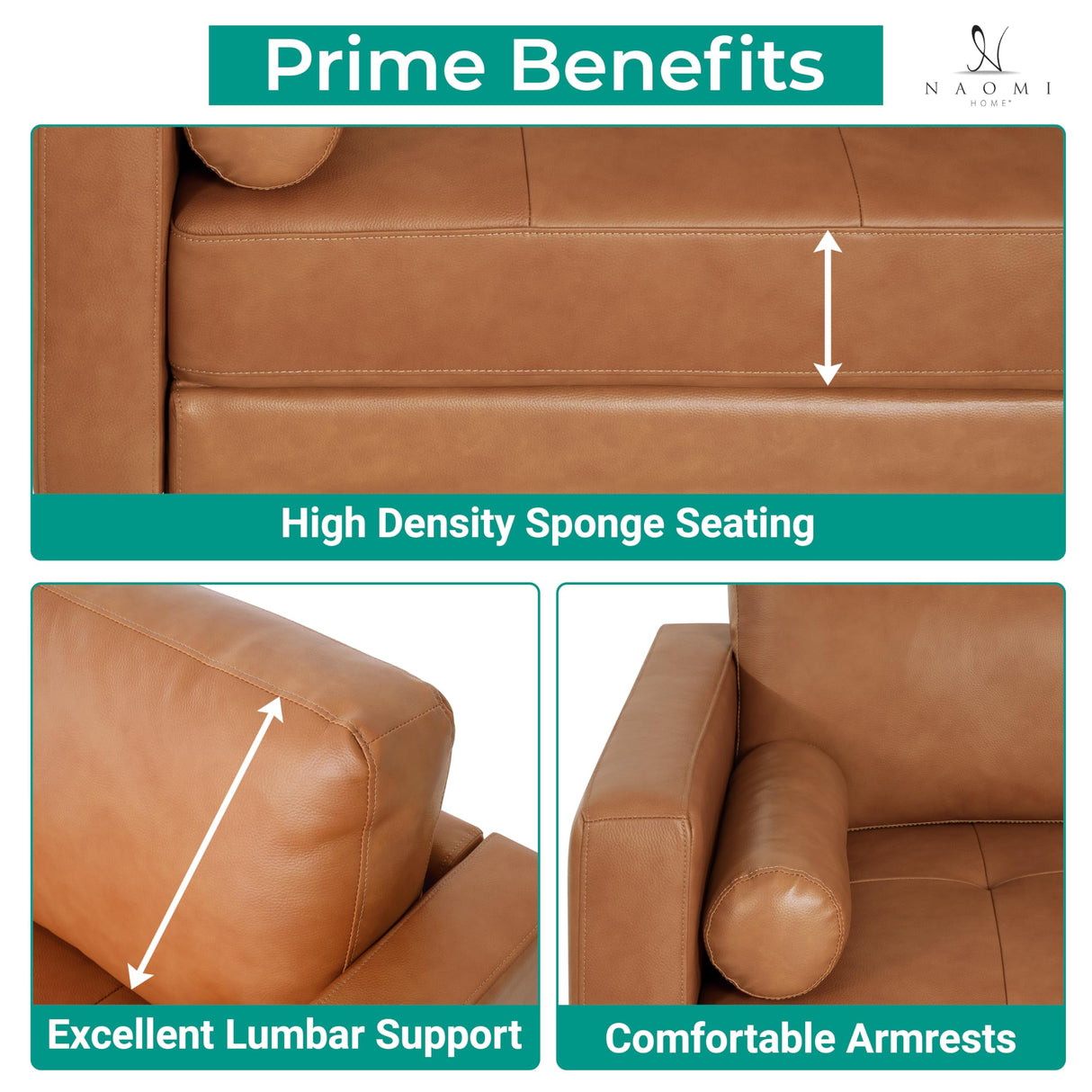 Naomi Home Mid-Century Top Grain Genuine Leather Loveseat, Love Seat Sofa Bed Sleeper, Love Seats Furniture for Small Spaces, Modern Loveseats Sofas for Living Room, Bedroom - Tan Naomi Home