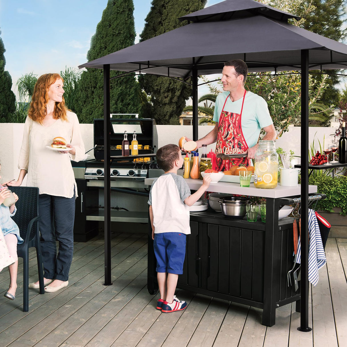 Raysfung 8'x 5' Grill Gazebo Canopy, Outdoor BBQ Gazebo with Led Light, Barbeque Gazebo Shelter for Patio (Grey) Raysfung